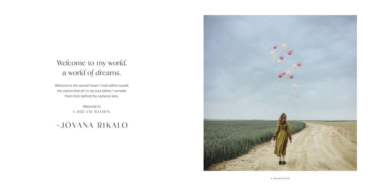 A woman in an olive dress walks away along a country road between fields, with pastel balloons floating above her under a cloudy sky. The facing-page introduction is transcribed above.