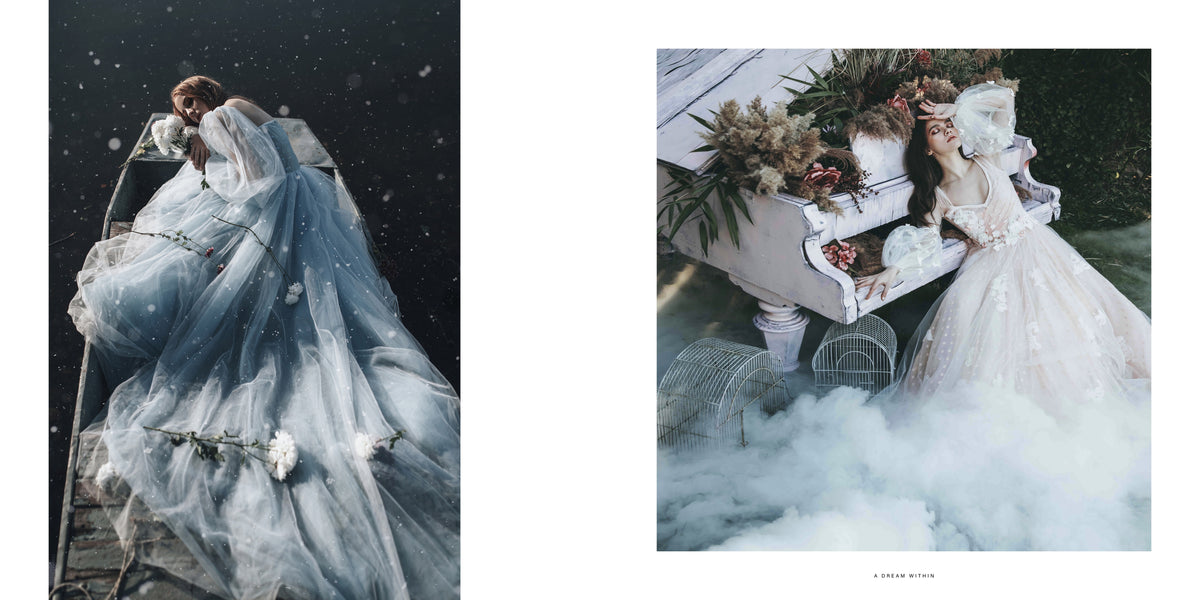 Two dreamlike photographs: a woman in a flowing blue-gray gown lies in a flower-strewn wooden boat on dark water; a woman in a pale gown leans against a flower-filled white piano amid mist.