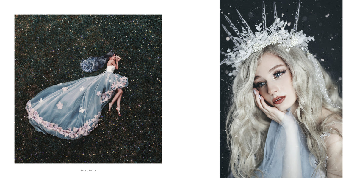 Two photographs: a woman in a blue gown with a long, pink-flower-trimmed train lies on dark ground; a close-up portrait shows a woman with wavy pale hair wearing a white floral crown.