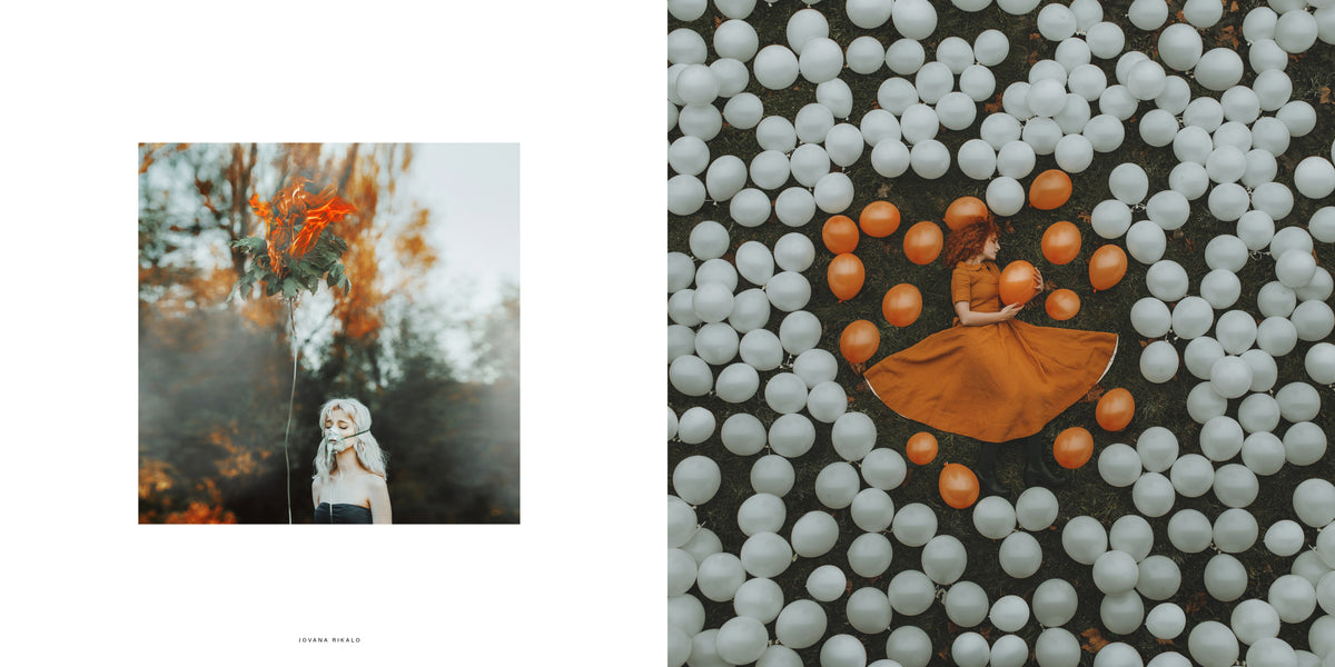 Two photographs: a blindfolded woman stands beneath a floating orange-and-green bouquet; a woman in an orange dress lies among white balloons with orange balloons gathered around her.