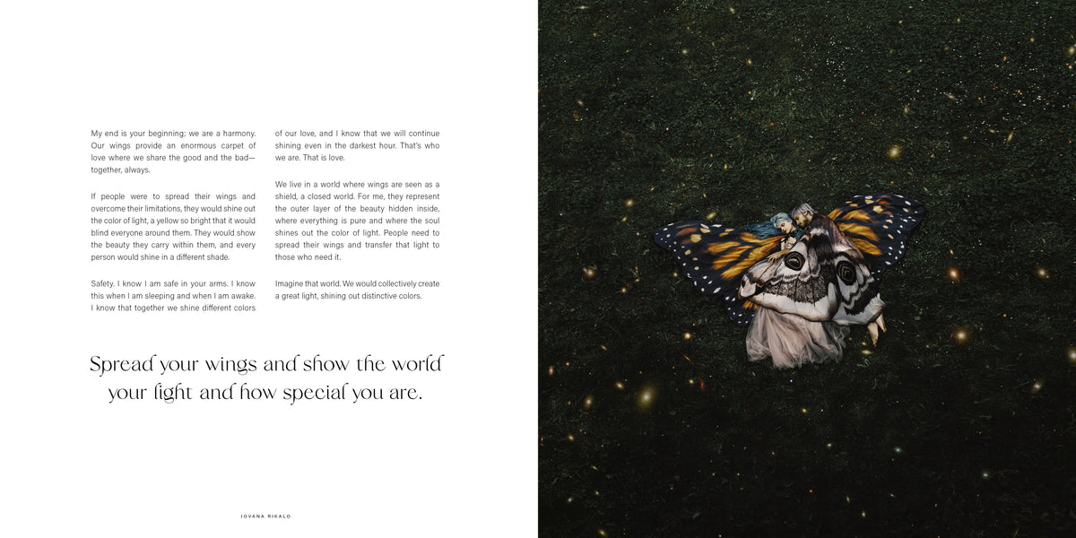 A figure with large orange, black and cream butterfly-like wings lies on dark grass surrounded by small glowing lights. The facing-page text is transcribed below.