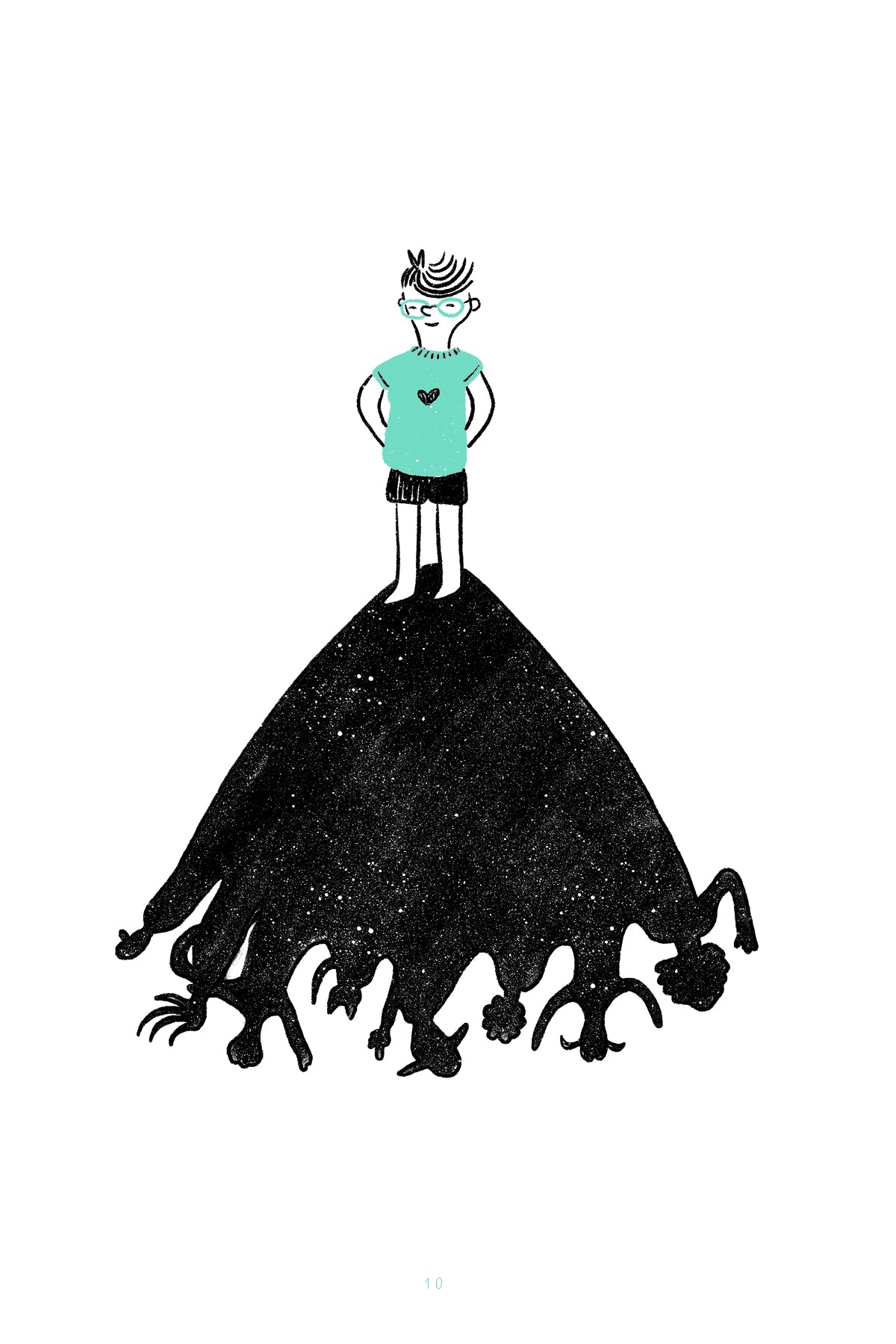 A child in glasses and a mint-green shirt casts a large dark shadow ending in many different human silhouettes.