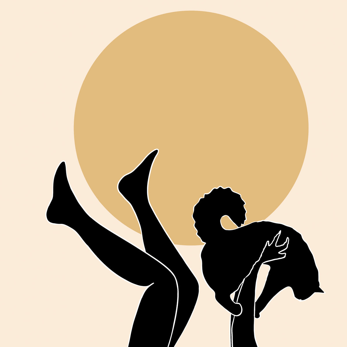 A reclining woman lifts a black cat above her face, with a golden circle behind them.
