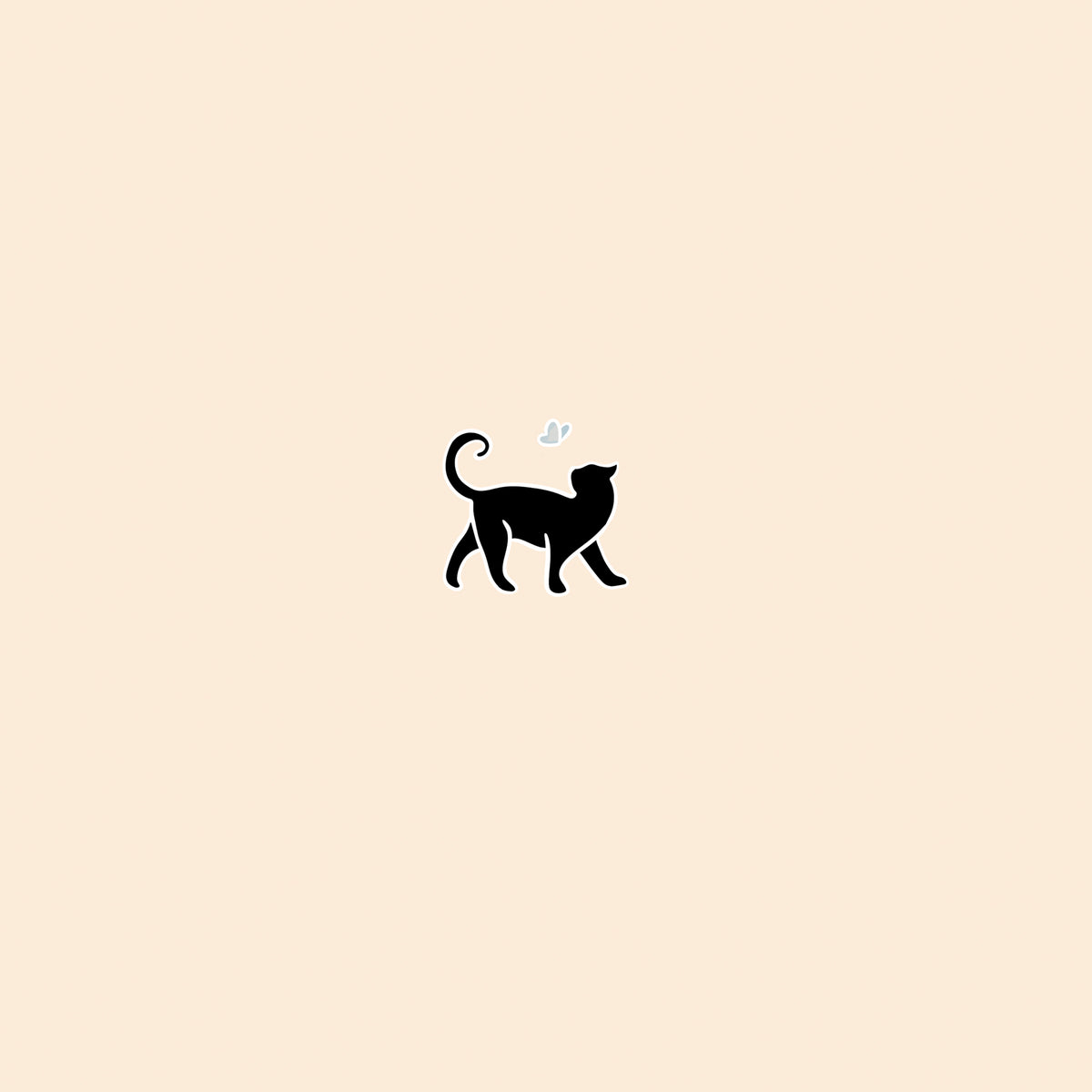 A small black cat watches a pale butterfly against a cream background.