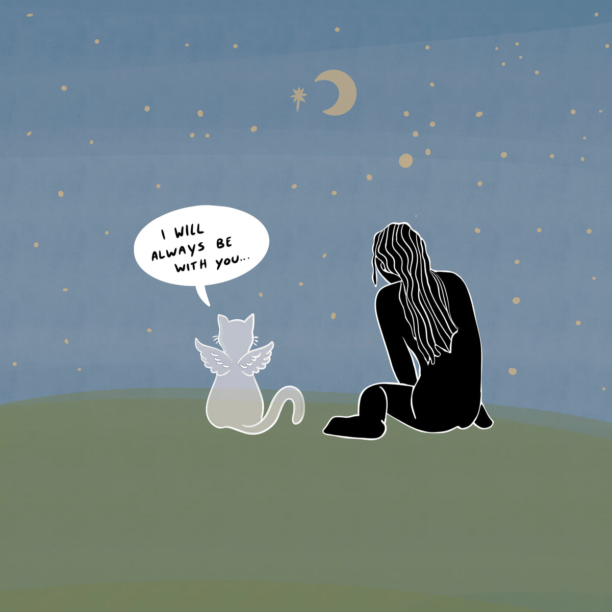 A woman sits beside a translucent winged cat beneath a starry sky and crescent moon.