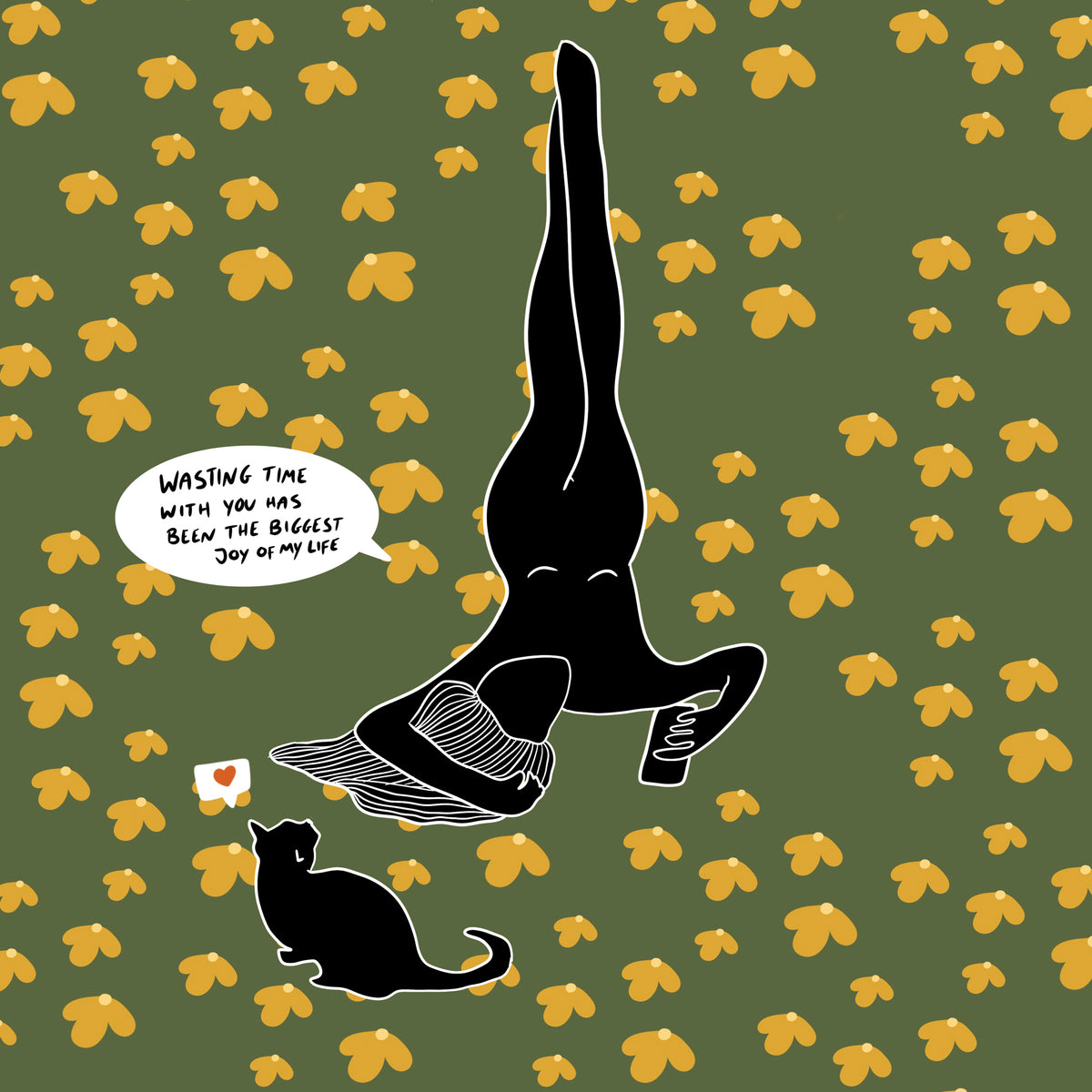 A woman lies among yellow flowers holding a cup, with a cat beside her. A heart appears in the cat’s speech bubble.