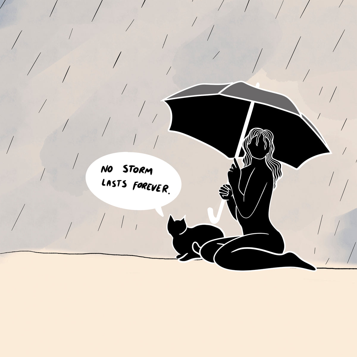 A woman shelters herself and a cat under an umbrella in the rain.