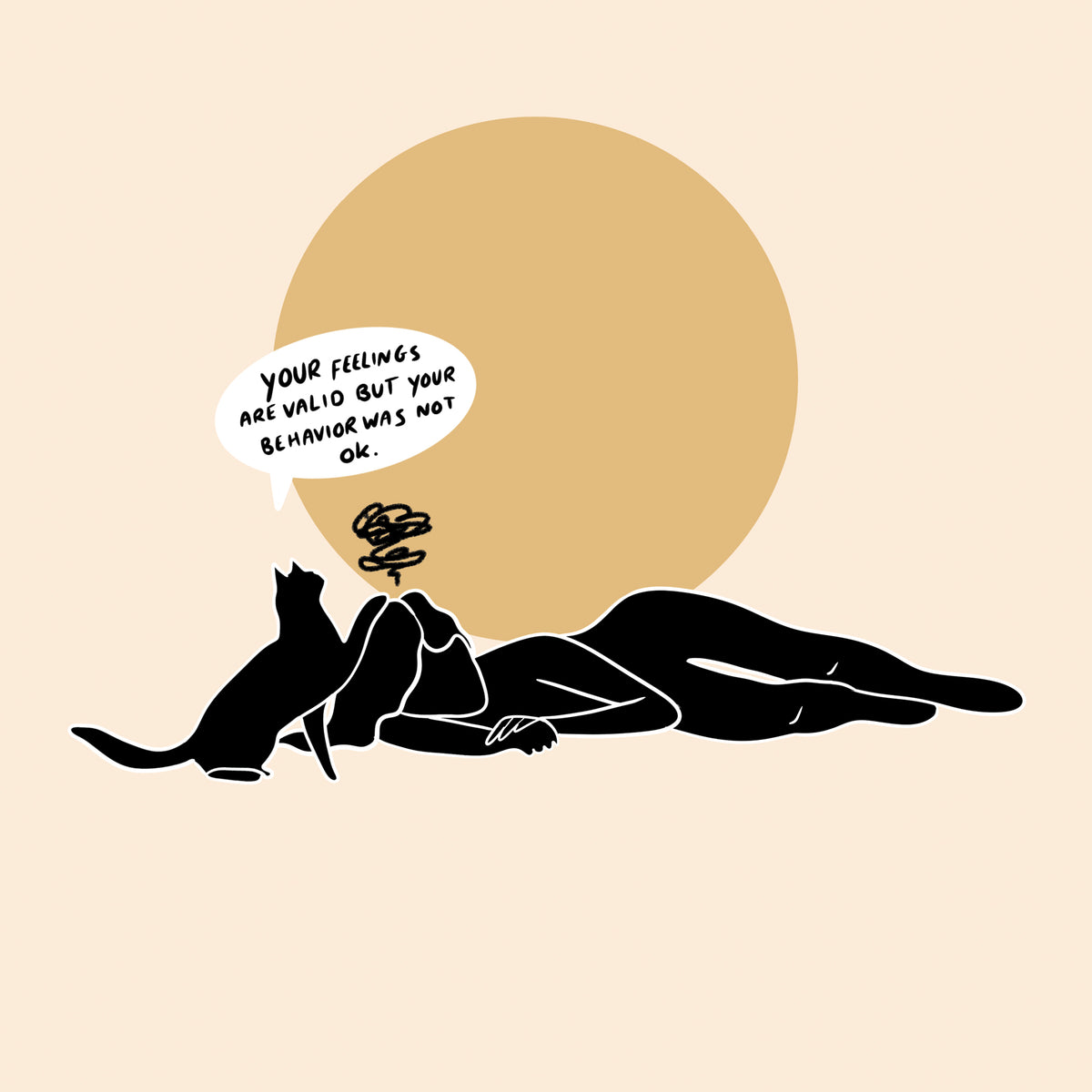 A cat rests a paw on the forehead of a reclining woman. A dark scribble floats above her head.