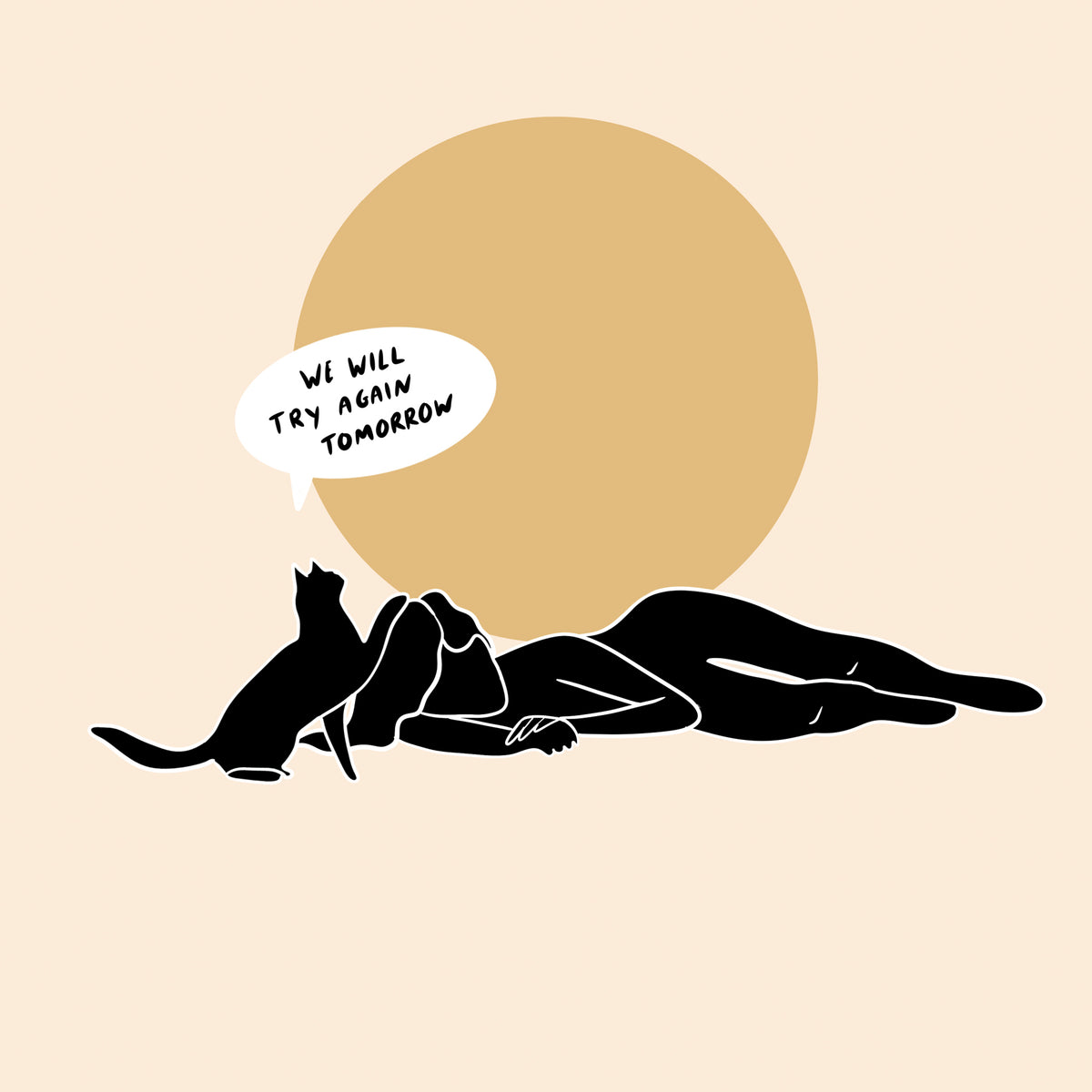 The cat keeps its paw on the reclining woman’s forehead; the dark scribble is gone.