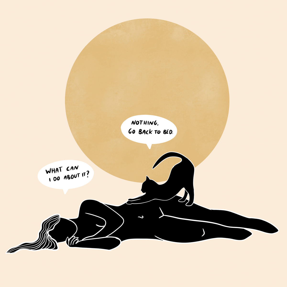 A cat stretches on the torso of a woman lying on her side.