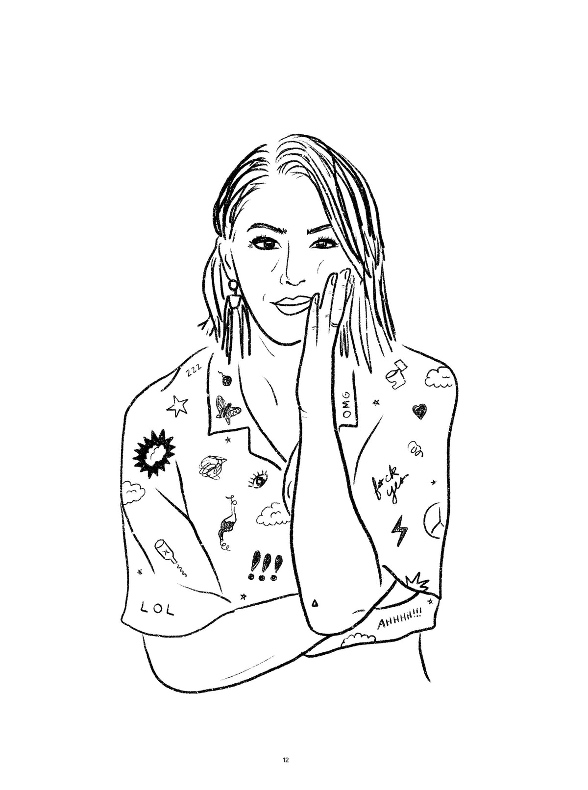 Illustration of Kelsey Darragh holding a hand to her face, with anxiety-related doodles and words such as OMG, LOL, fuck you, and AHHHH on her arms.