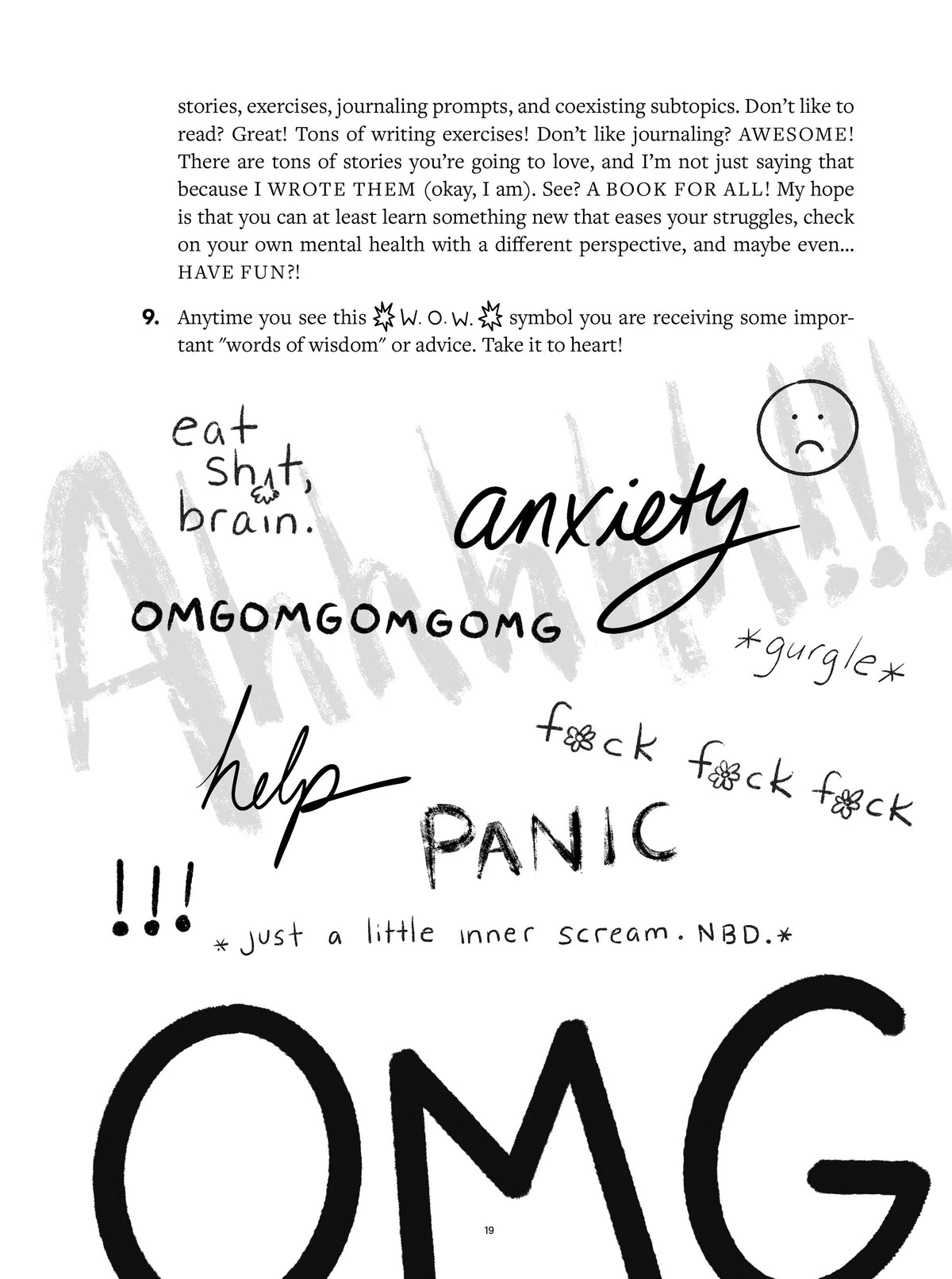 Anxiety doodles and handwritten words below the workbook instructions. The handwritten text is transcribed immediately below.