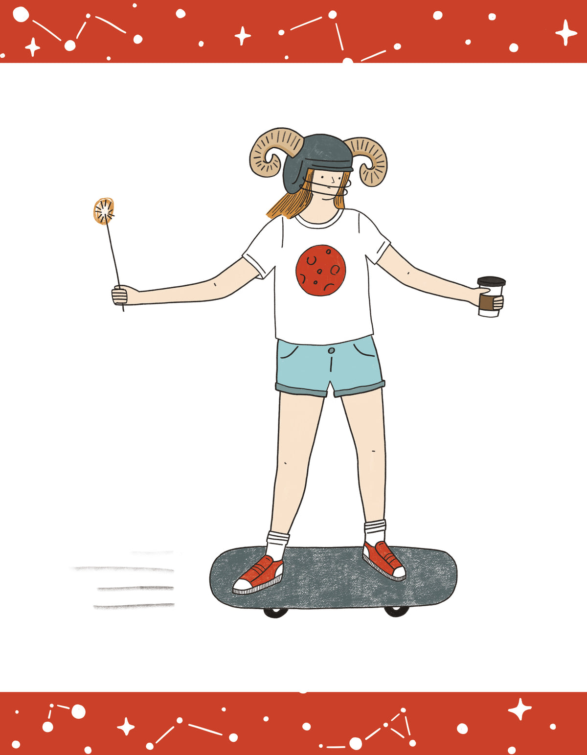 Aries illustration: a skateboarder wearing a ram-horn helmet holds a sparkler and coffee.