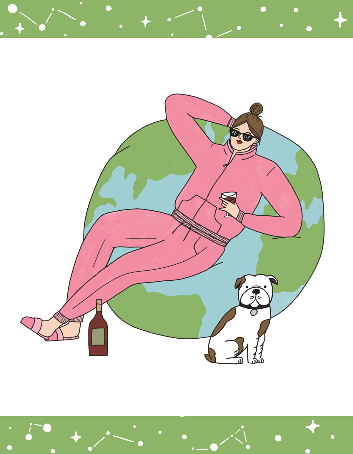 Illustration of a person in a pink tracksuit reclining against a globe with sunglasses and a wine glass; a bulldog sits beside them.