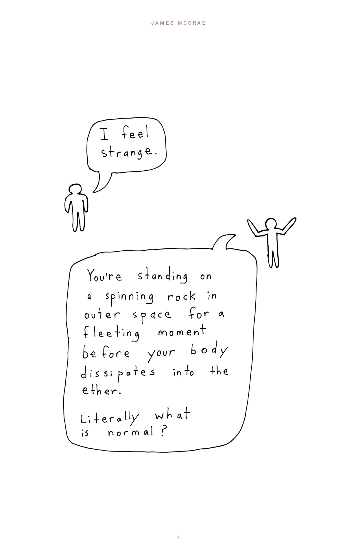 Two hand-drawn figures exchange speech bubbles; their dialogue follows.