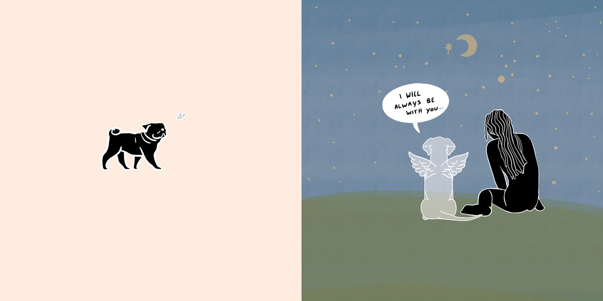 A small dog looks toward a butterfly. On the facing page, a woman and a translucent dog with wings sit beneath the moon and stars. Dialogue is transcribed below.