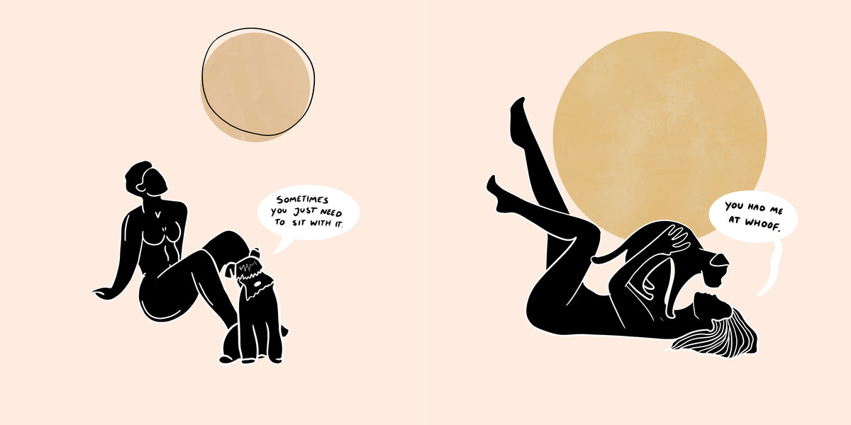 A woman sits beside a dog. In the second scene she lies on her back holding the dog above her. Dialogue is transcribed below.