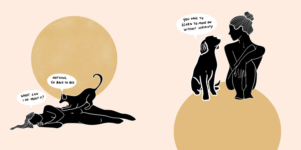 A dog stands on a woman as she lies down. On the facing page, a seated woman and dog look at each other. Dialogue is transcribed below.