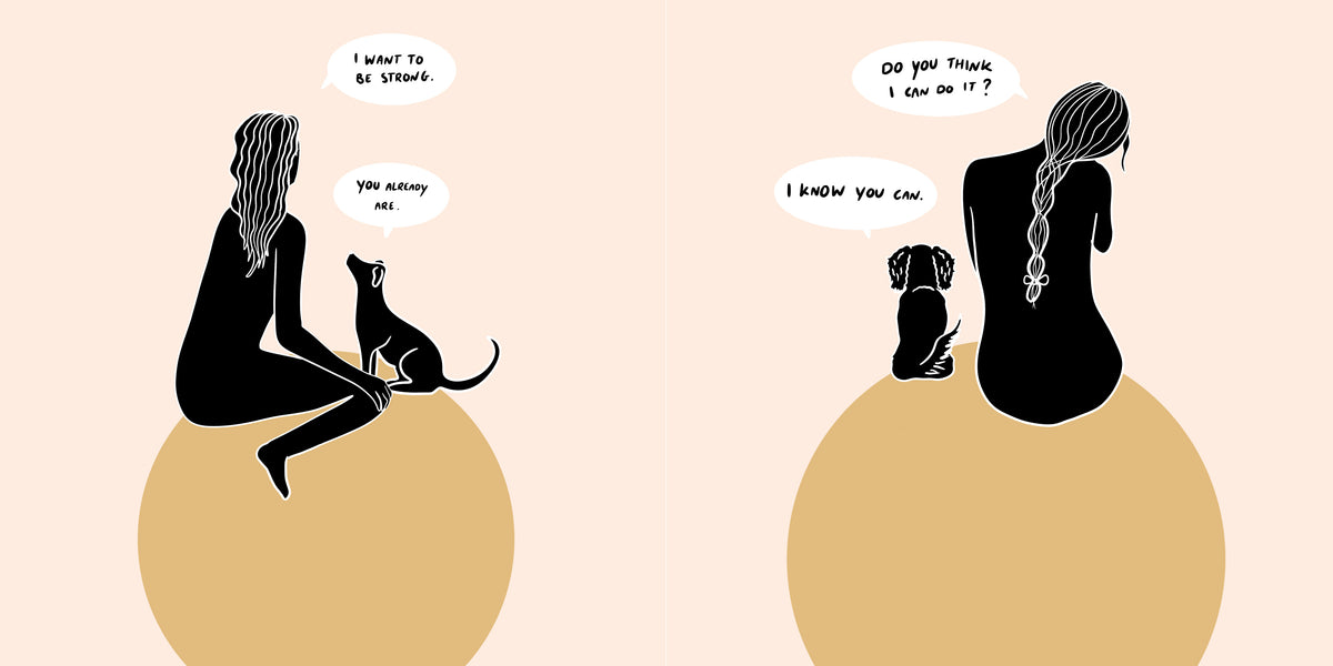 Two scenes show a seated woman and dog together on golden circles, first facing each other and then seen from behind. Dialogue is transcribed below.
