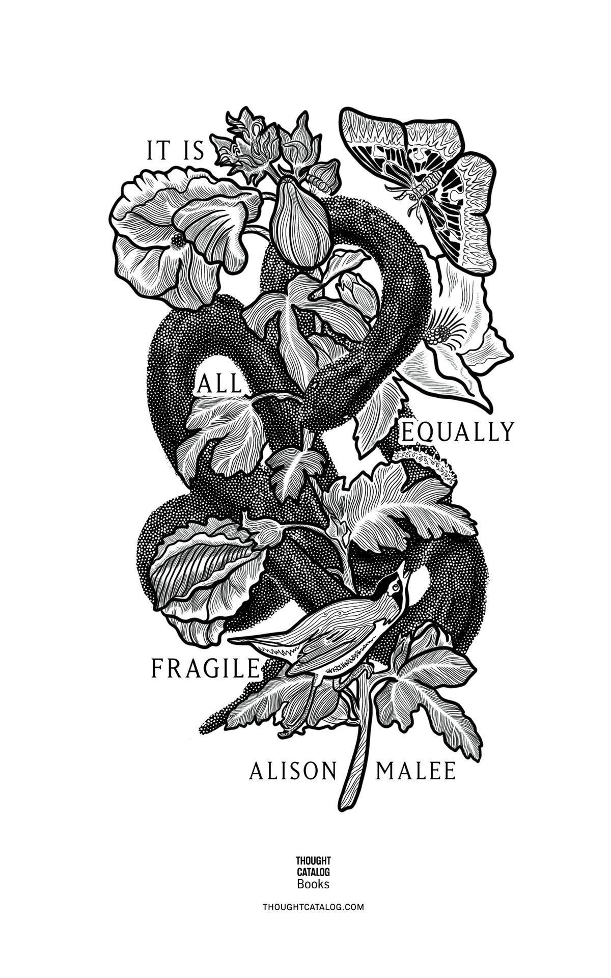 Black-and-white illustration of a snake winding through flowering stems, with a butterfly above. The title and author are transcribed above.