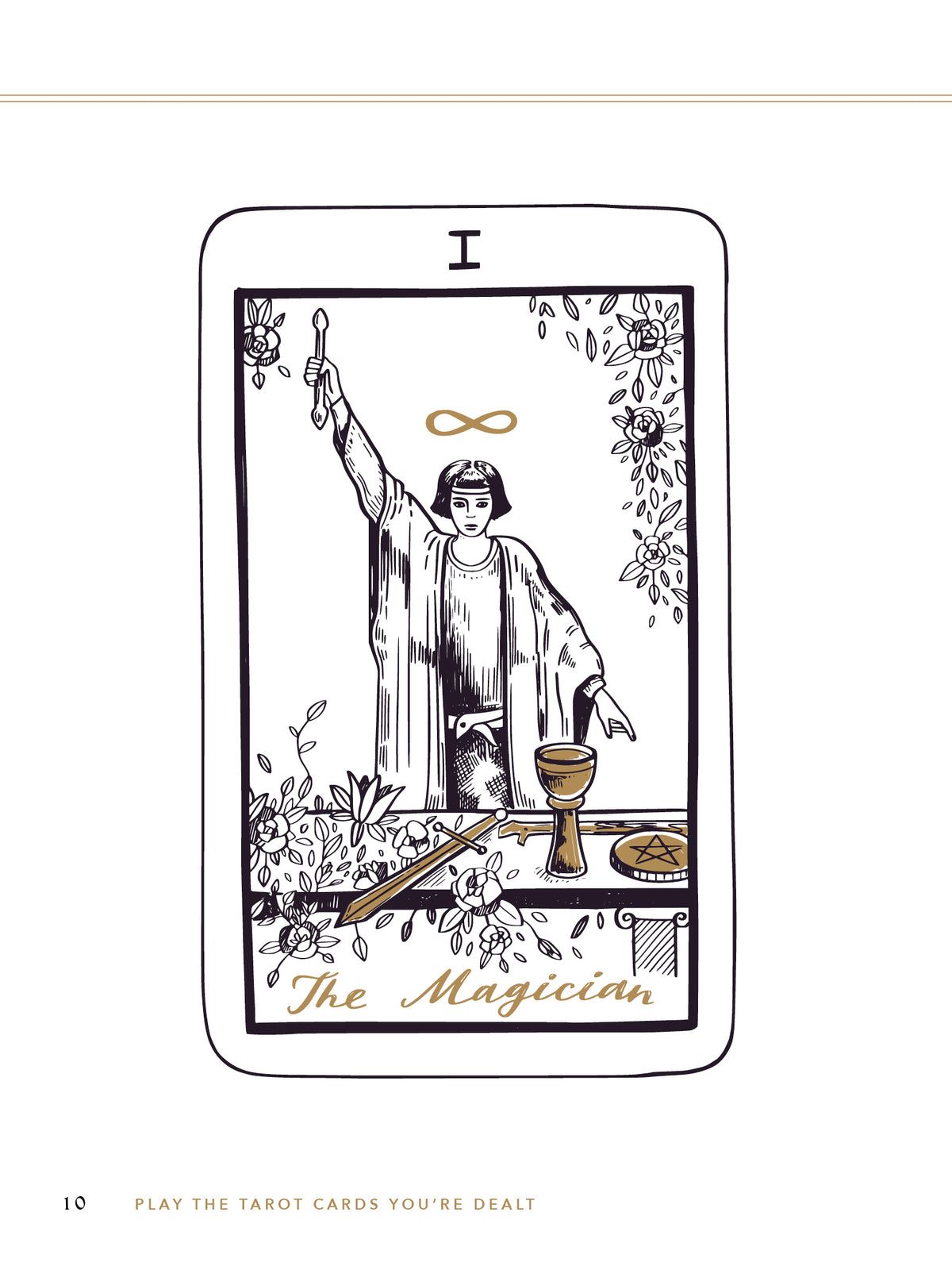 The Magician, card I: a figure raises a wand beneath an infinity symbol, with a cup, sword, wand and pentacle on a table surrounded by flowers.
