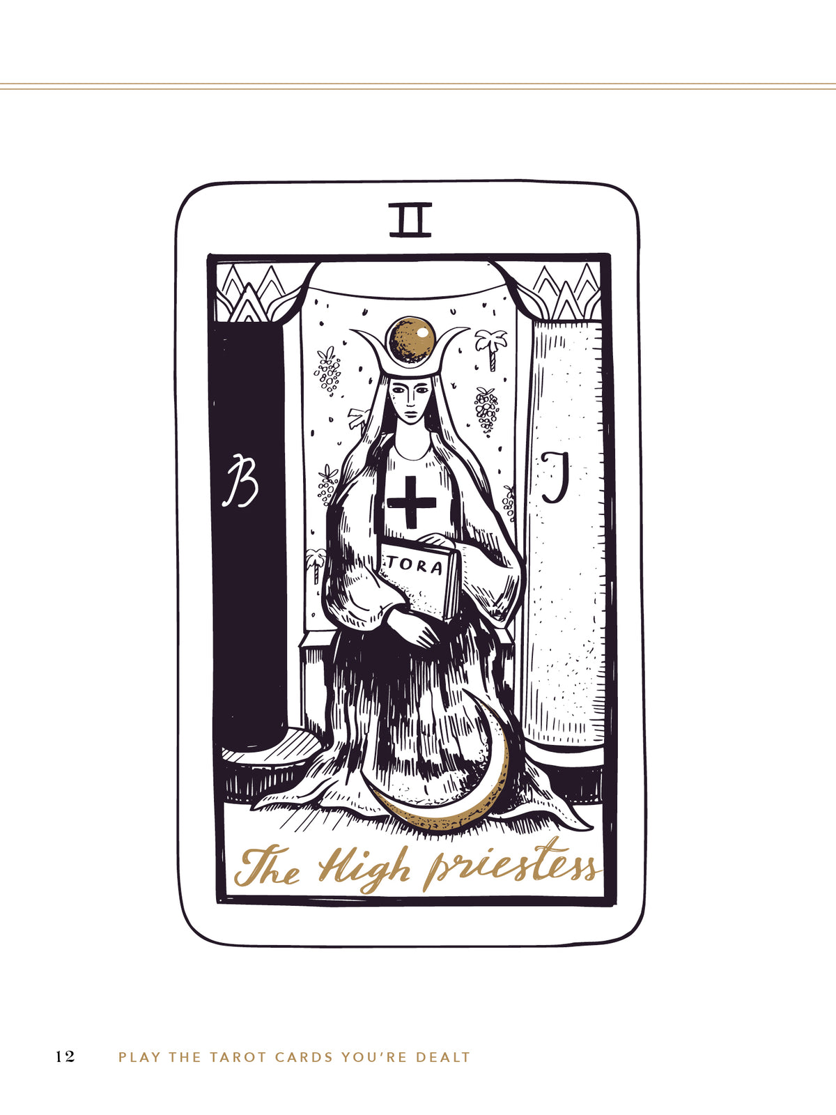 The High Priestess, card II: a seated crowned figure holds a scroll marked TORA between pillars labeled B and J, with a crescent moon at her feet.