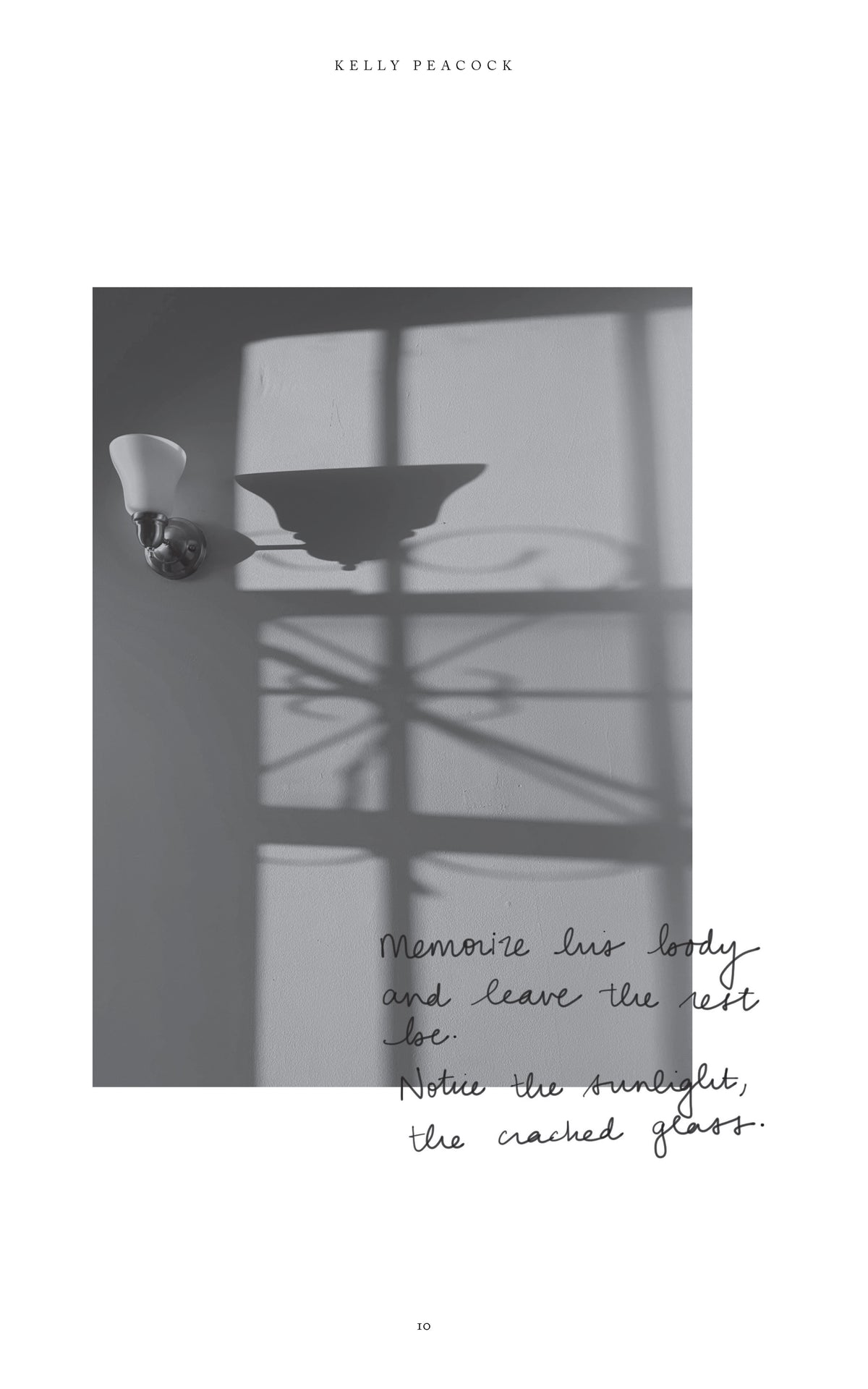 Black-and-white photograph of a wall sconce and window shadows across a wall, with a handwritten excerpt transcribed below.