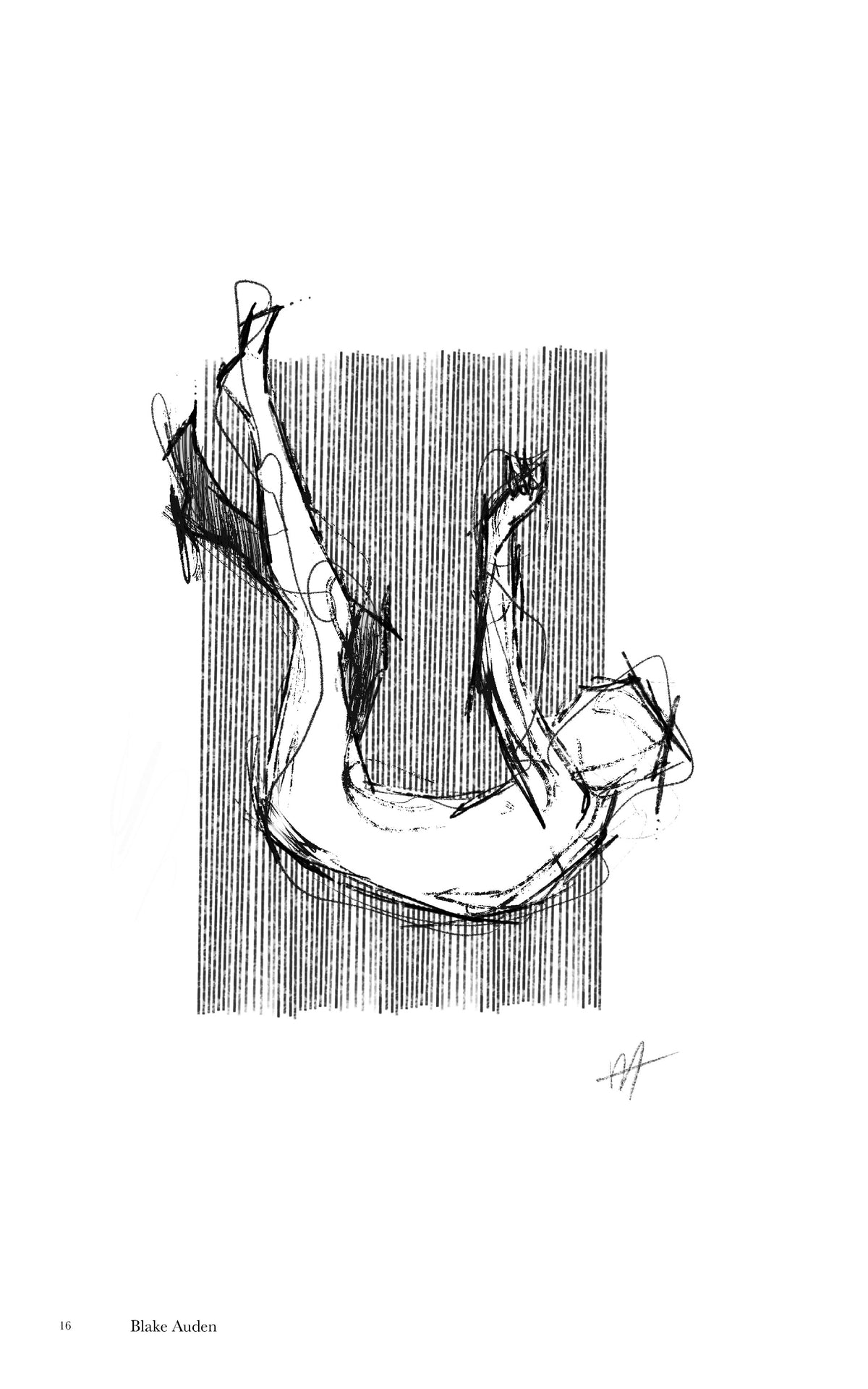 Abstract black line drawing of a curled fox with its legs raised, over a rectangle of vertical hatching.