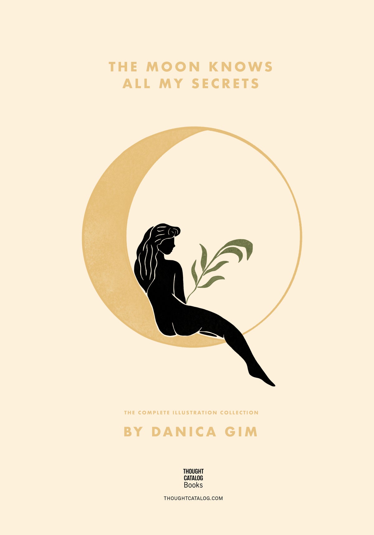 A silhouetted woman holding a leafy sprig sits in a golden crescent moon.