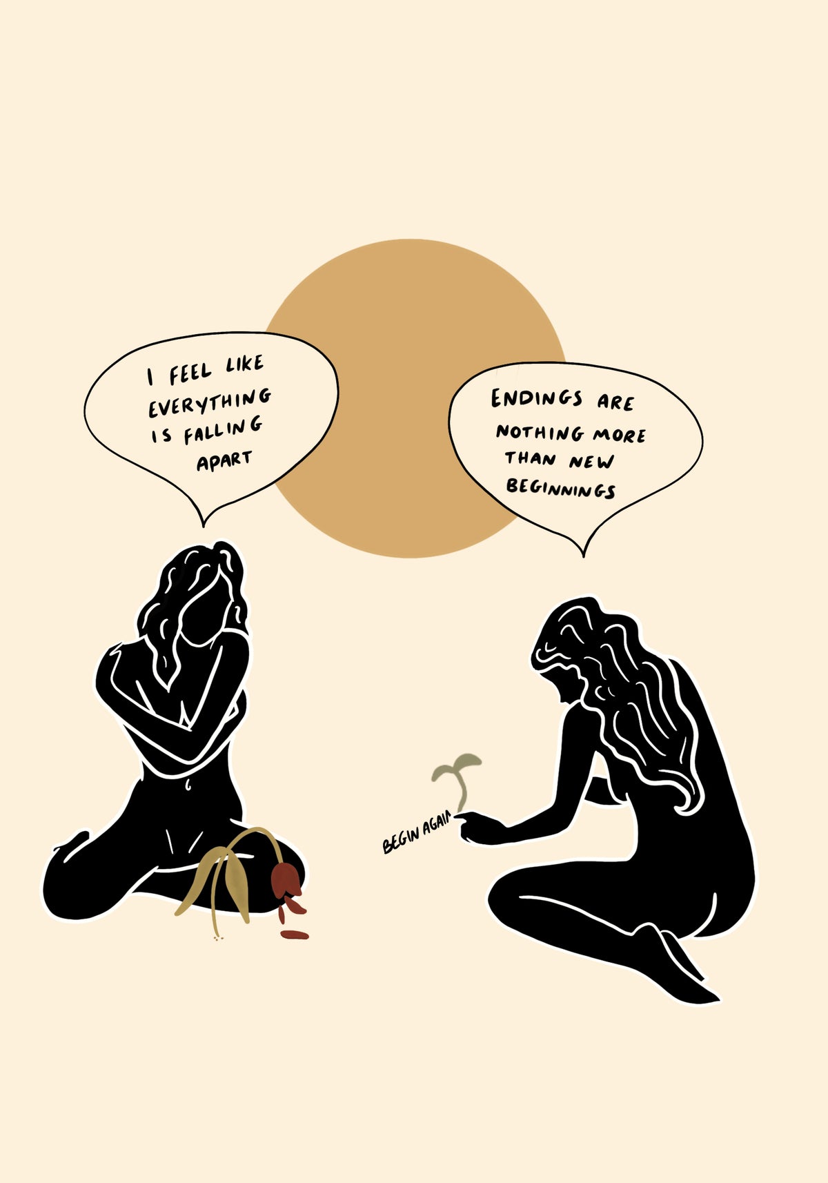 Two seated women face one another. One sits beside a fallen pot and wilted plant; the other offers a new sprout.