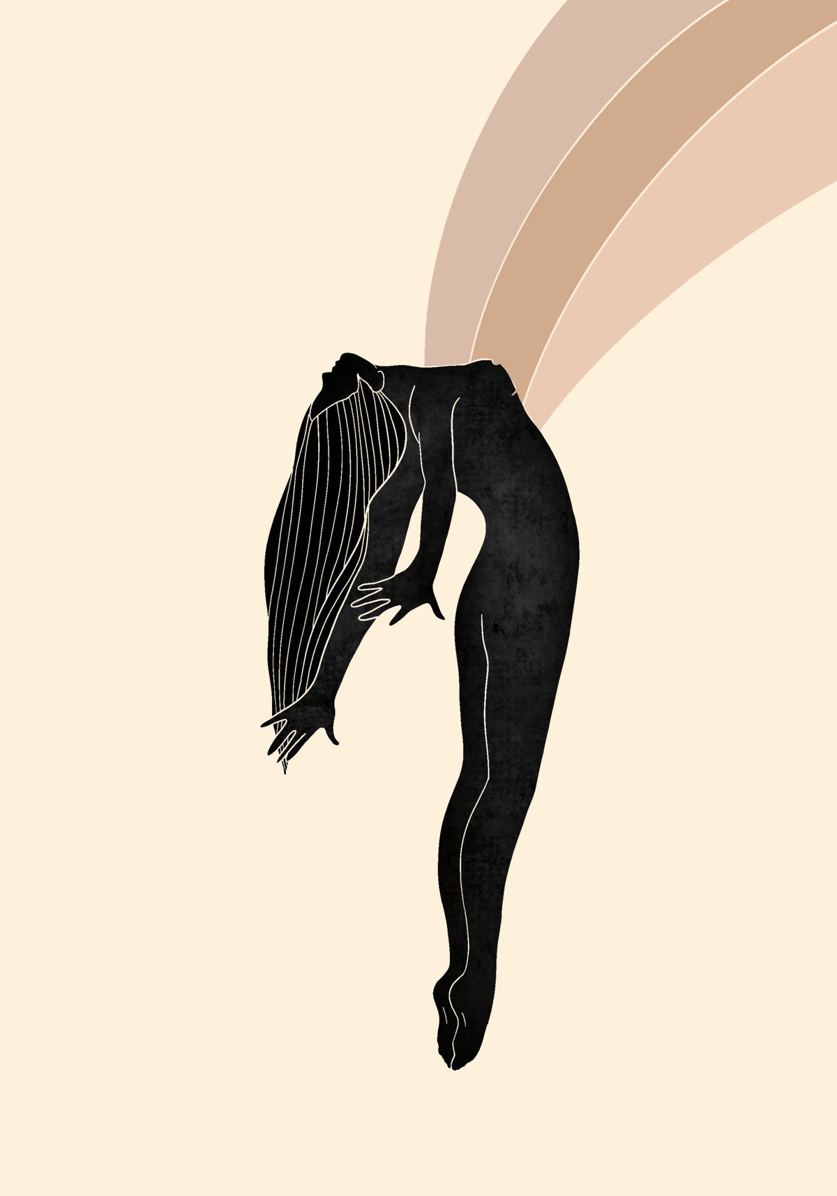 A woman floats with her back arched and long hair hanging down; broad pink ribbons stream from her chest.