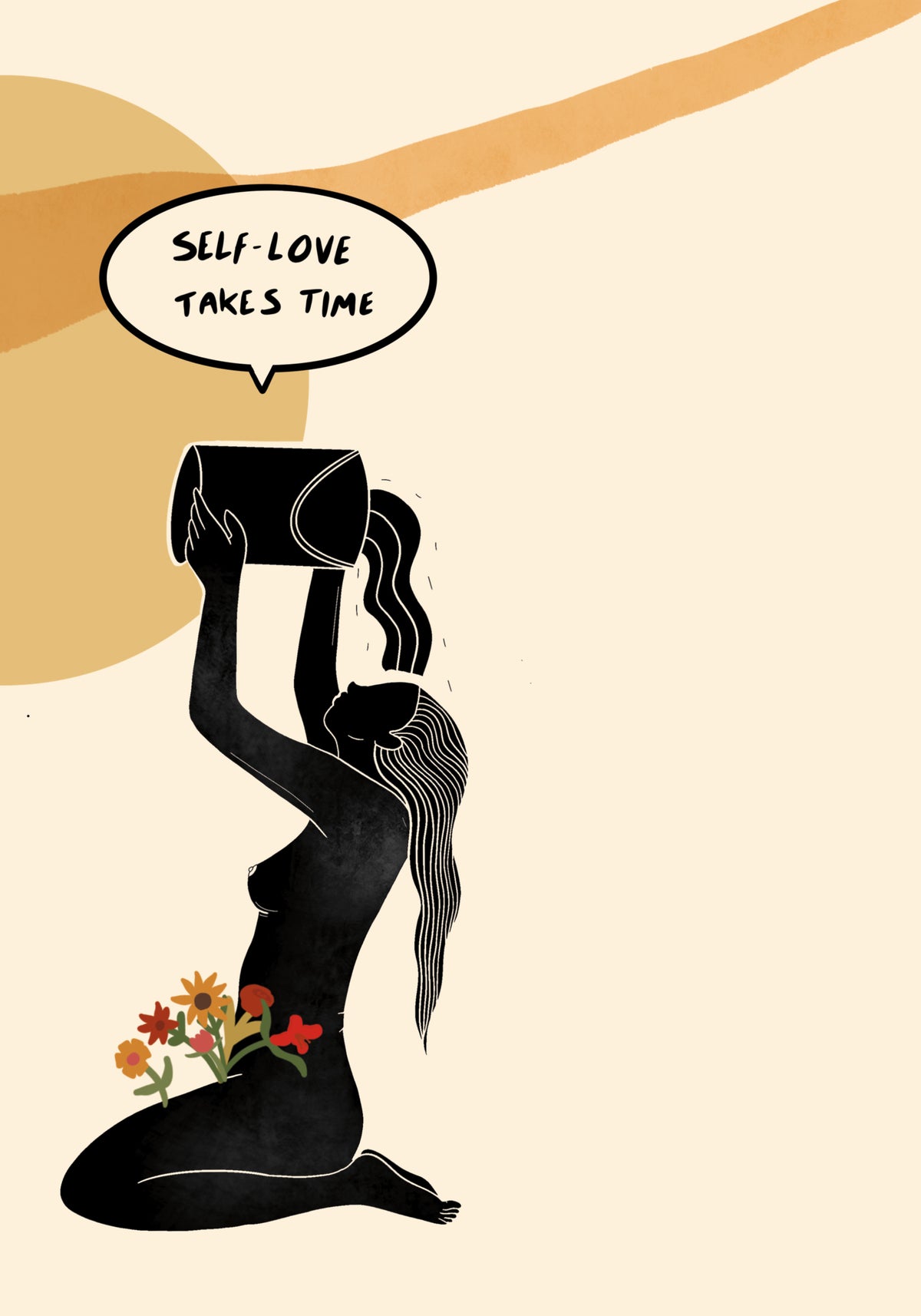 A kneeling woman pours water over her head from a pot; colorful flowers grow from her lap.