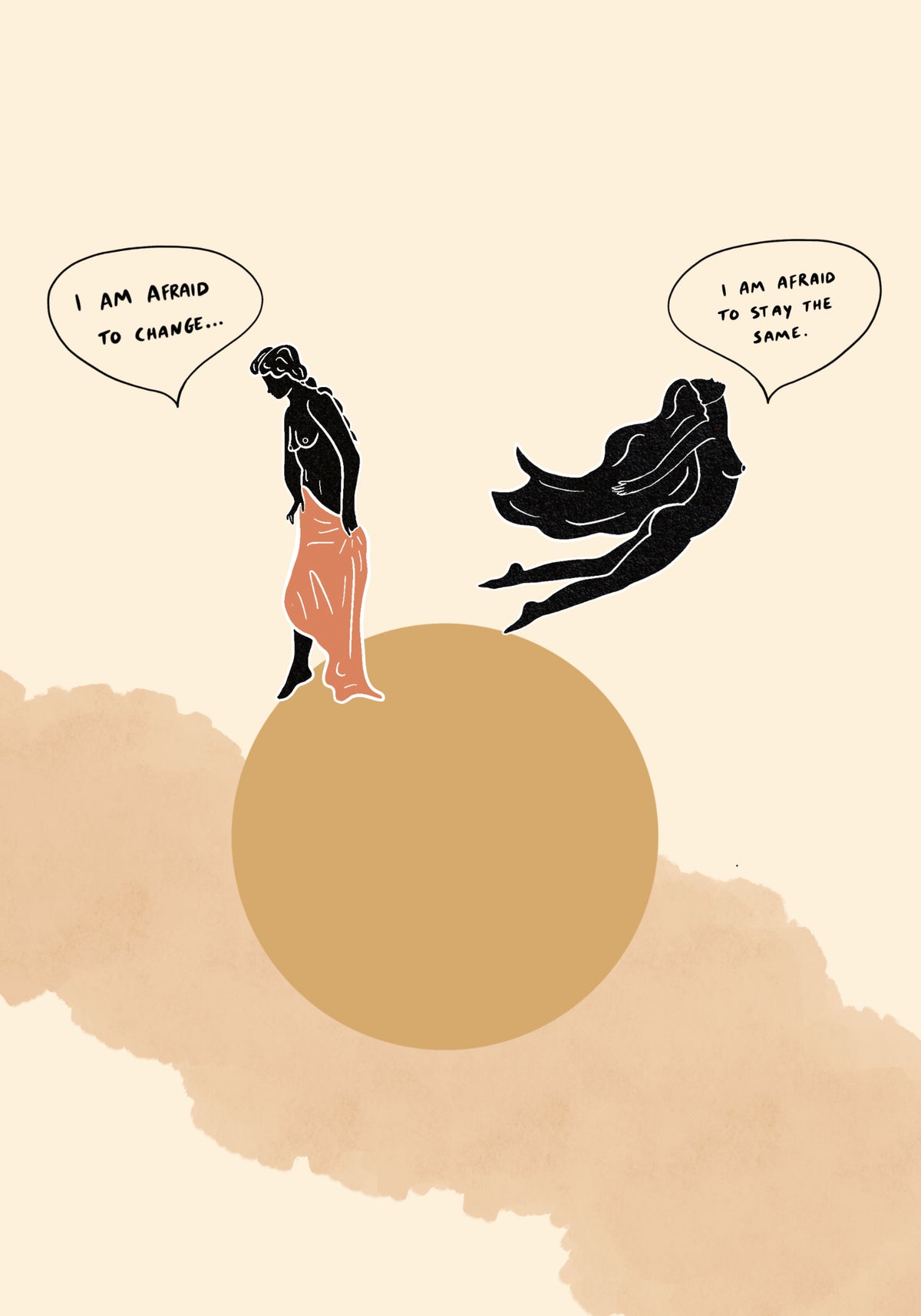 One woman stands on a golden circle while another floats beside her.