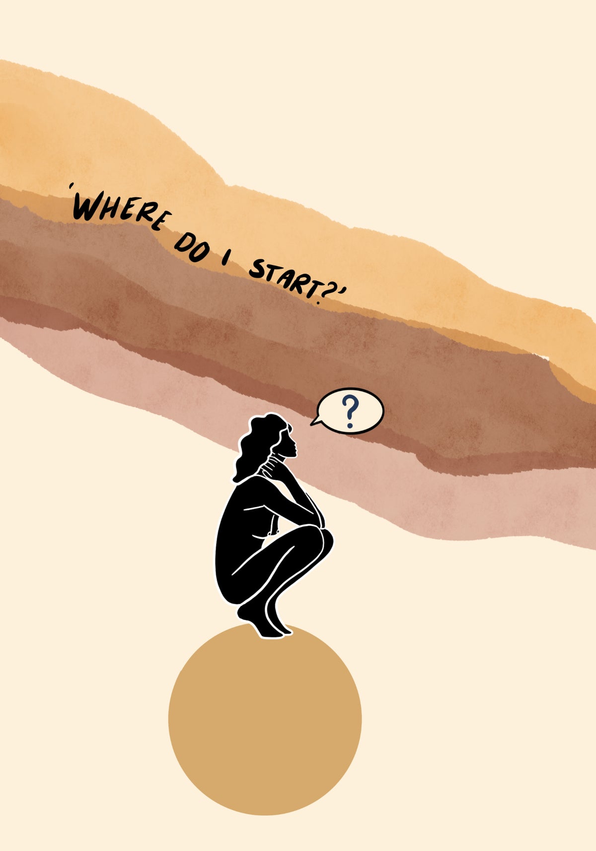 A crouching woman on a golden circle has a question mark in a speech bubble.