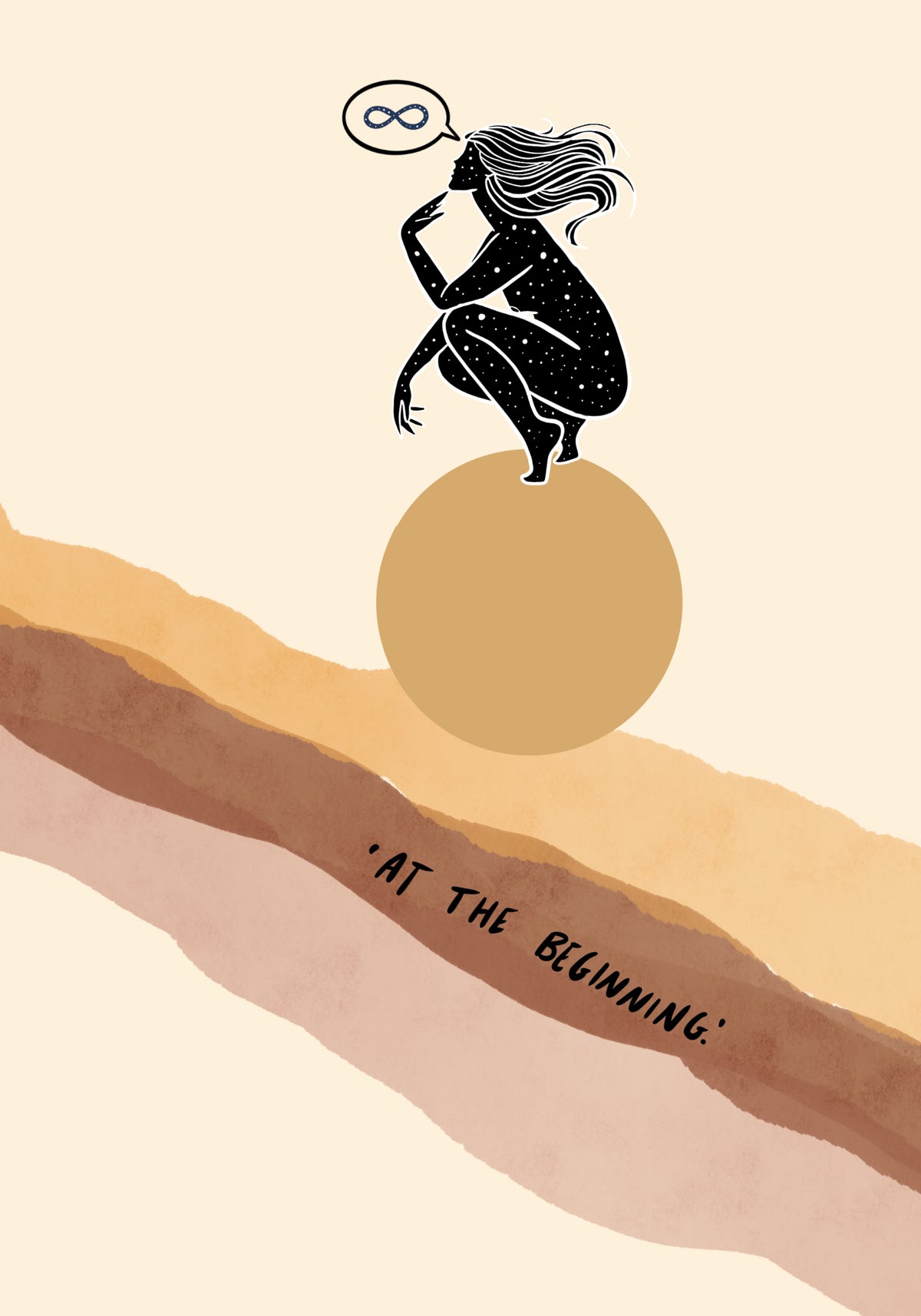 A star-speckled woman crouches on a golden circle, an infinity symbol in her speech bubble.