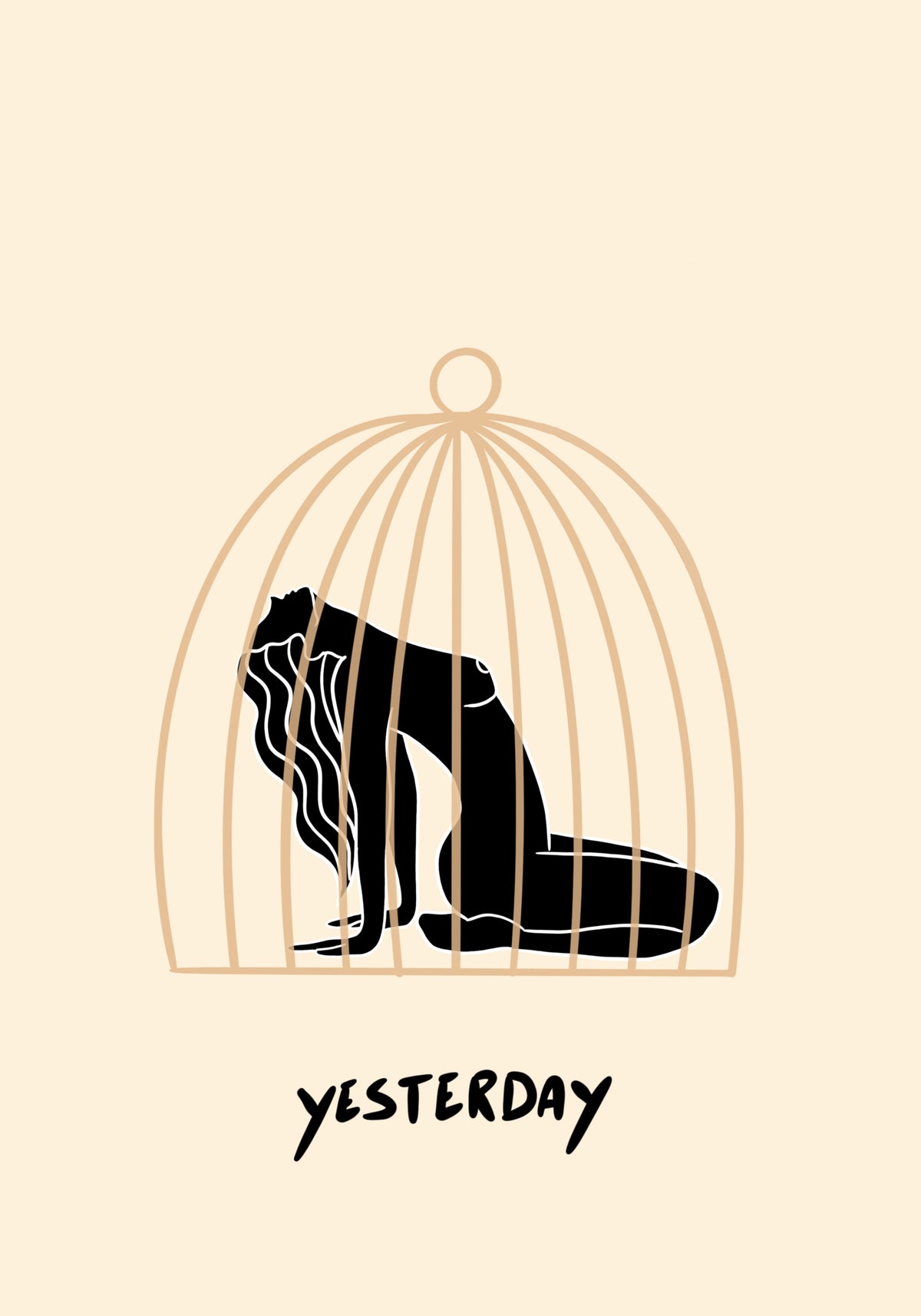 A kneeling woman arches backward inside a cage.