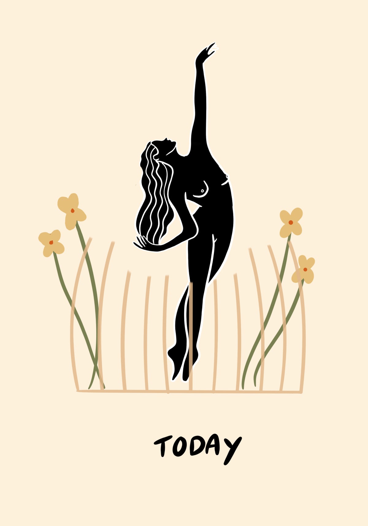 A woman reaches upward out of a broken cage, with flowers growing beside her.