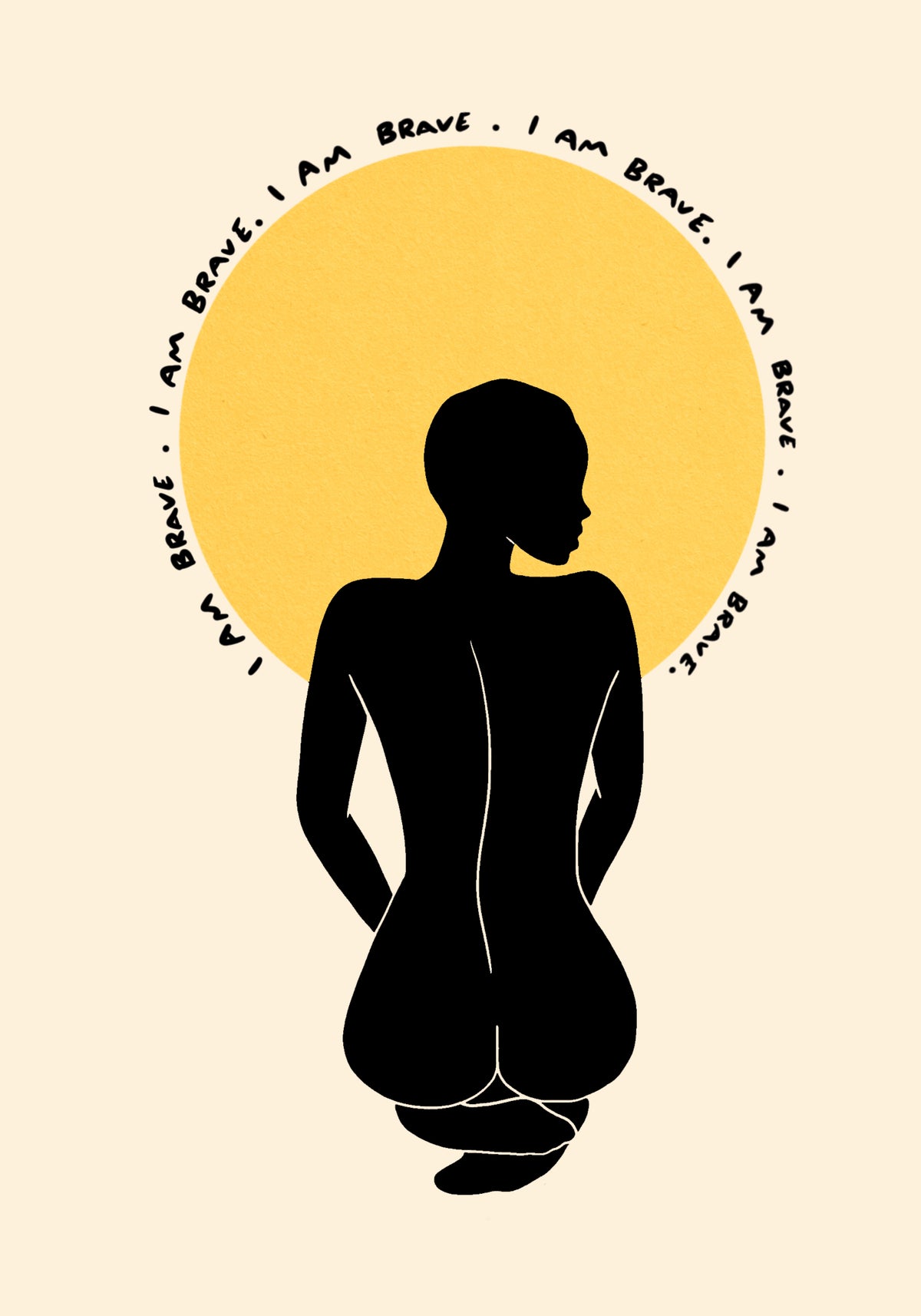A seated woman faces away in front of a golden circle surrounded by a repeated affirmation.
