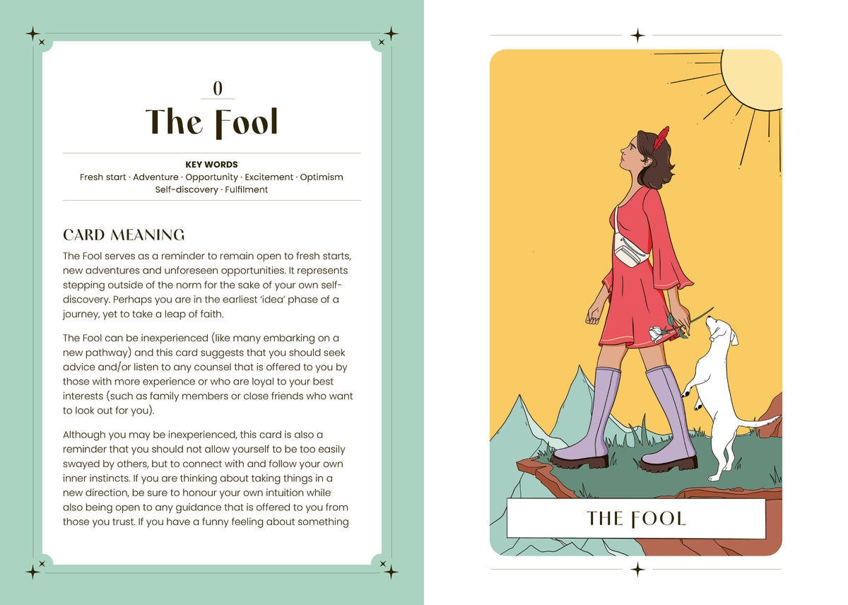 The Fool card illustration and original printed spread. The card’s visual symbols and meaning are described in the preceding text.