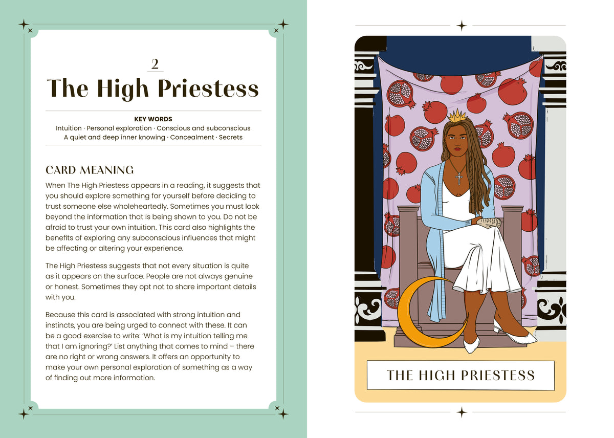 The High Priestess card illustration and original printed spread. The card’s visual symbols and meaning are described in the preceding text.