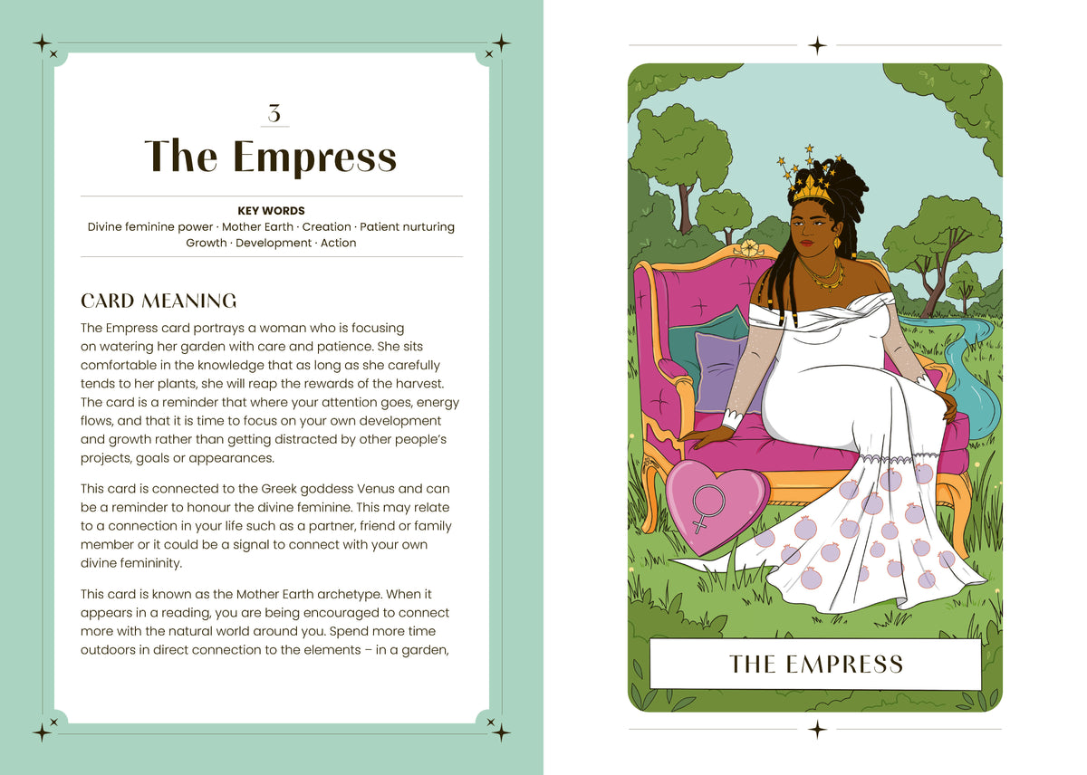The Empress card illustration and original printed spread. The card’s visual symbols and meaning are described in the preceding text.