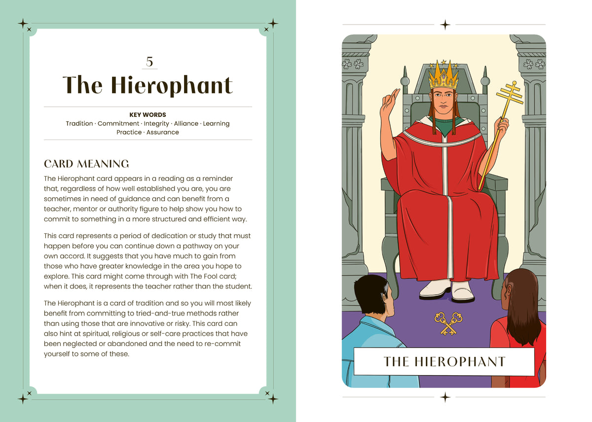 The Hierophant card illustration and original printed spread. The card’s visual symbols and meaning are described in the preceding text.