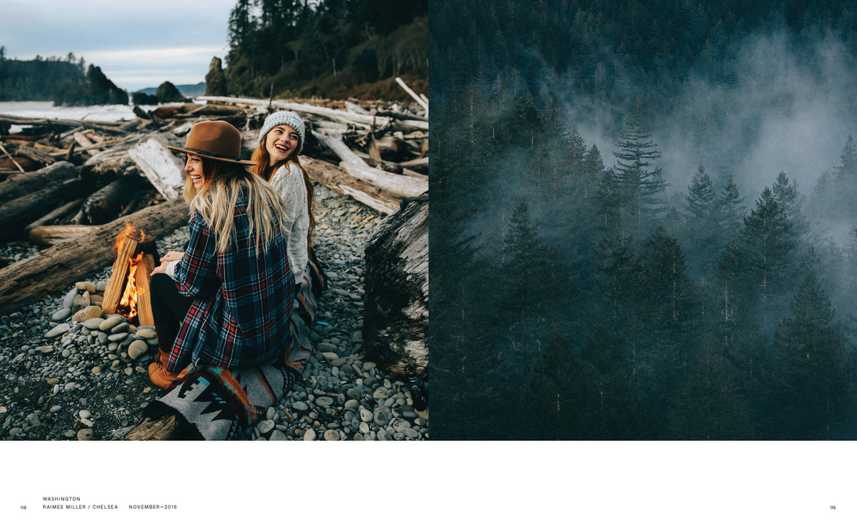 Two photographs: two people laugh beside a small campfire on a rocky, driftwood-strewn beach; a dark evergreen forest is veiled in mist.