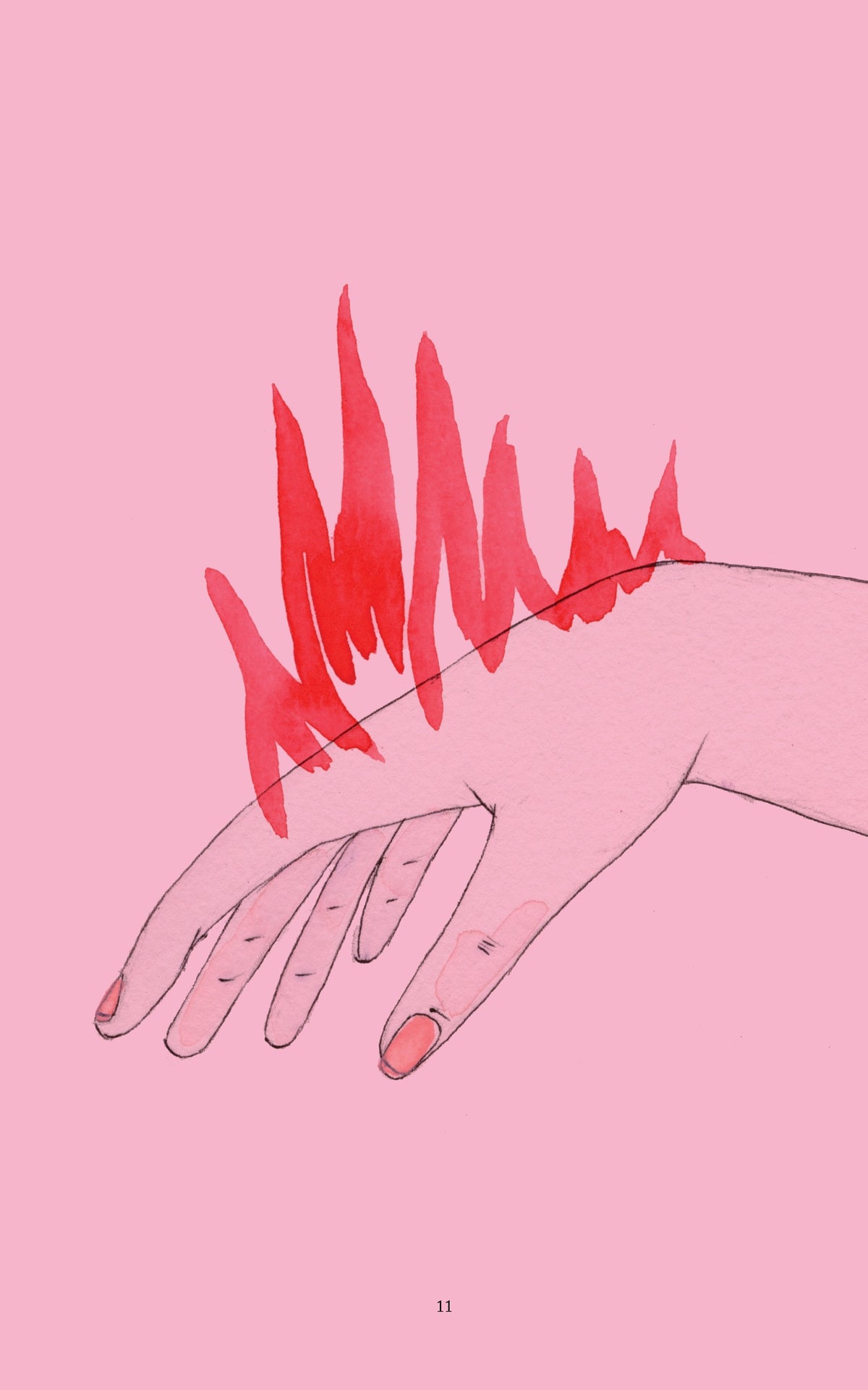 A pink-toned drawing of an outstretched hand, with vivid red flames rising from the back of the hand and wrist.
