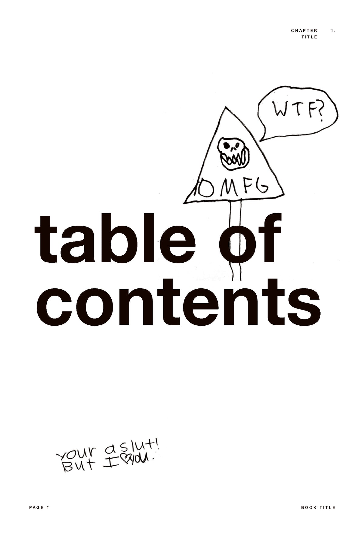 Contents-page typography with a skull warning-sign doodle and handwritten message.