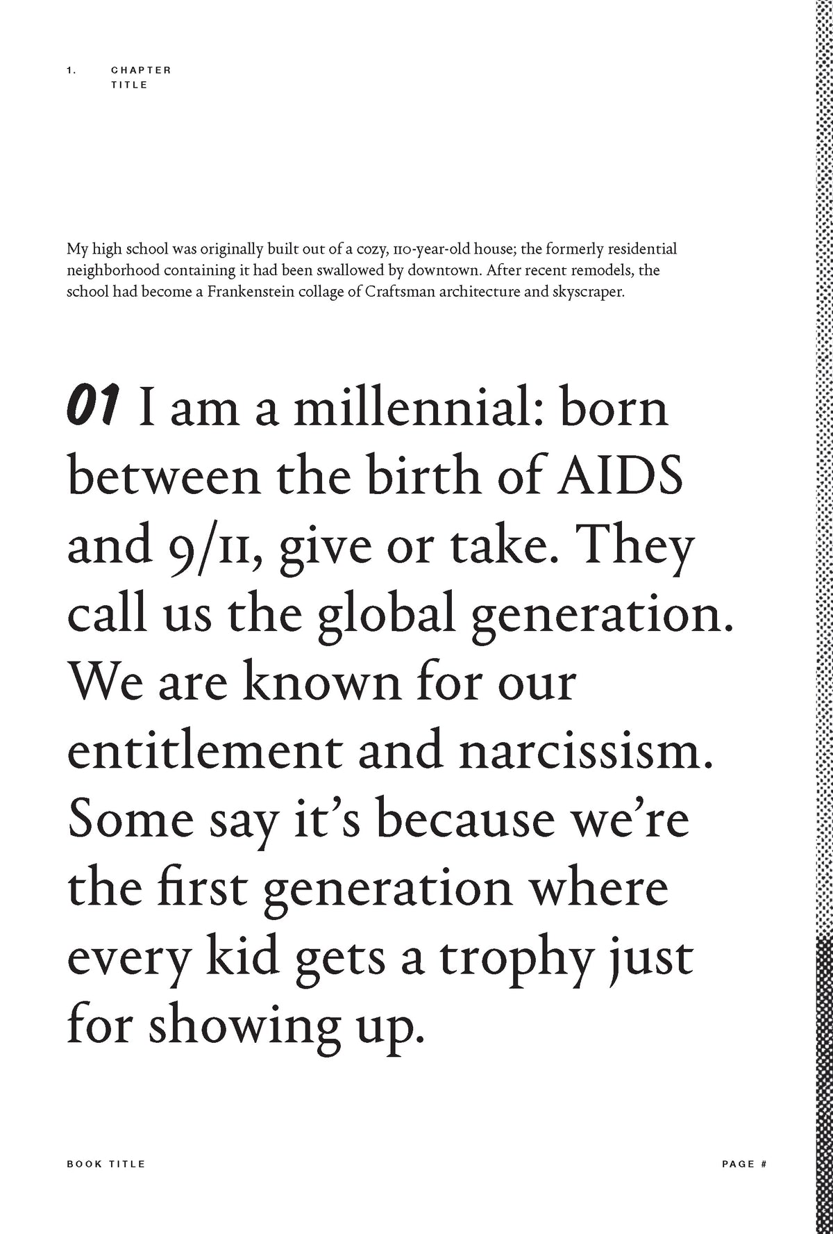 Large numbered text and a smaller school memoir paragraph.