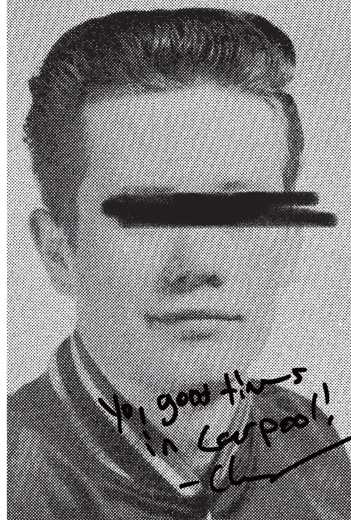 Halftone yearbook portrait with a black bar drawn across the eyes and a handwritten carpool message.