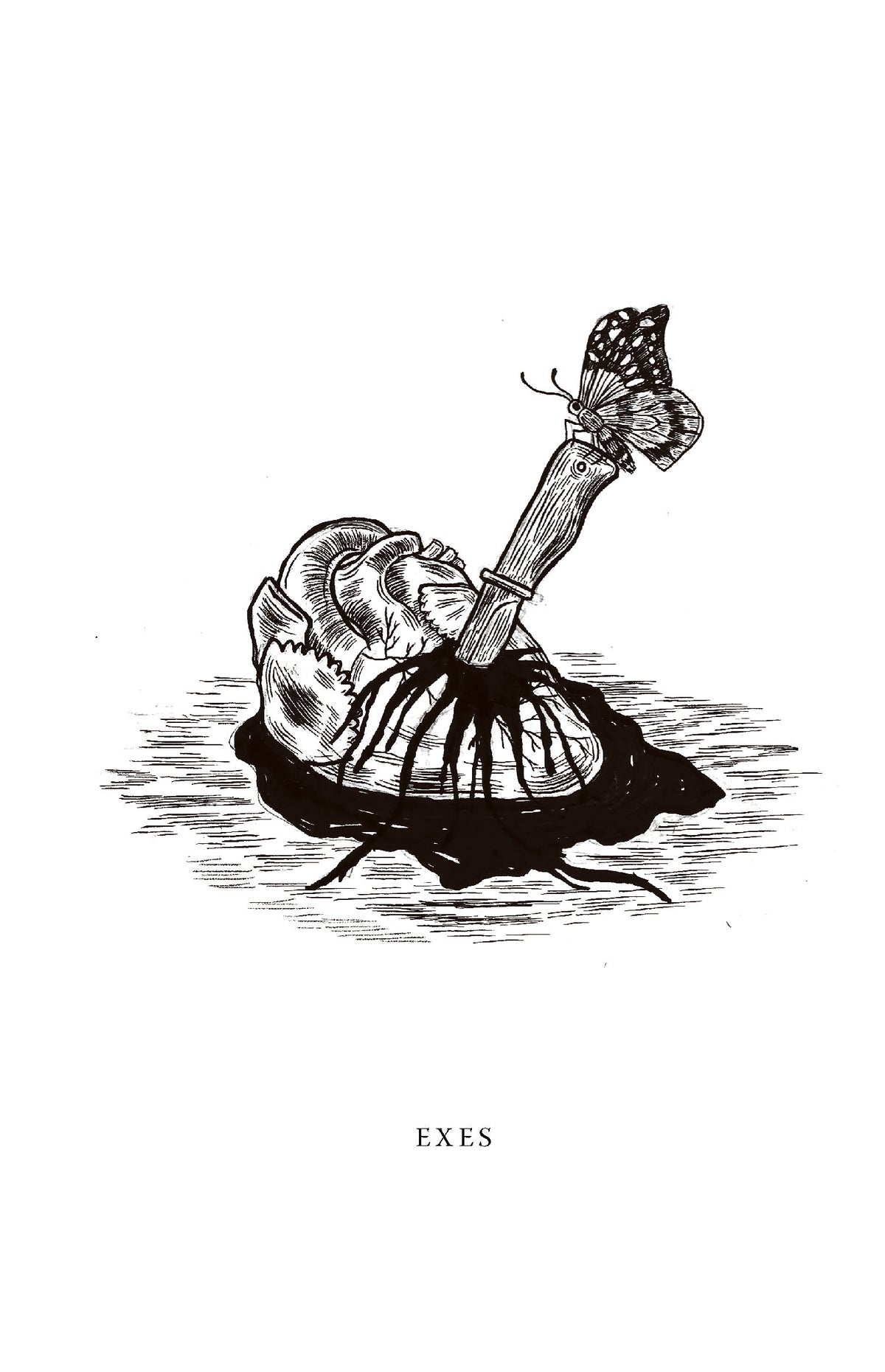 Black-and-white illustration of an anatomical heart pierced by a knife, with a butterfly perched on the handle and dark liquid pooling beneath it.