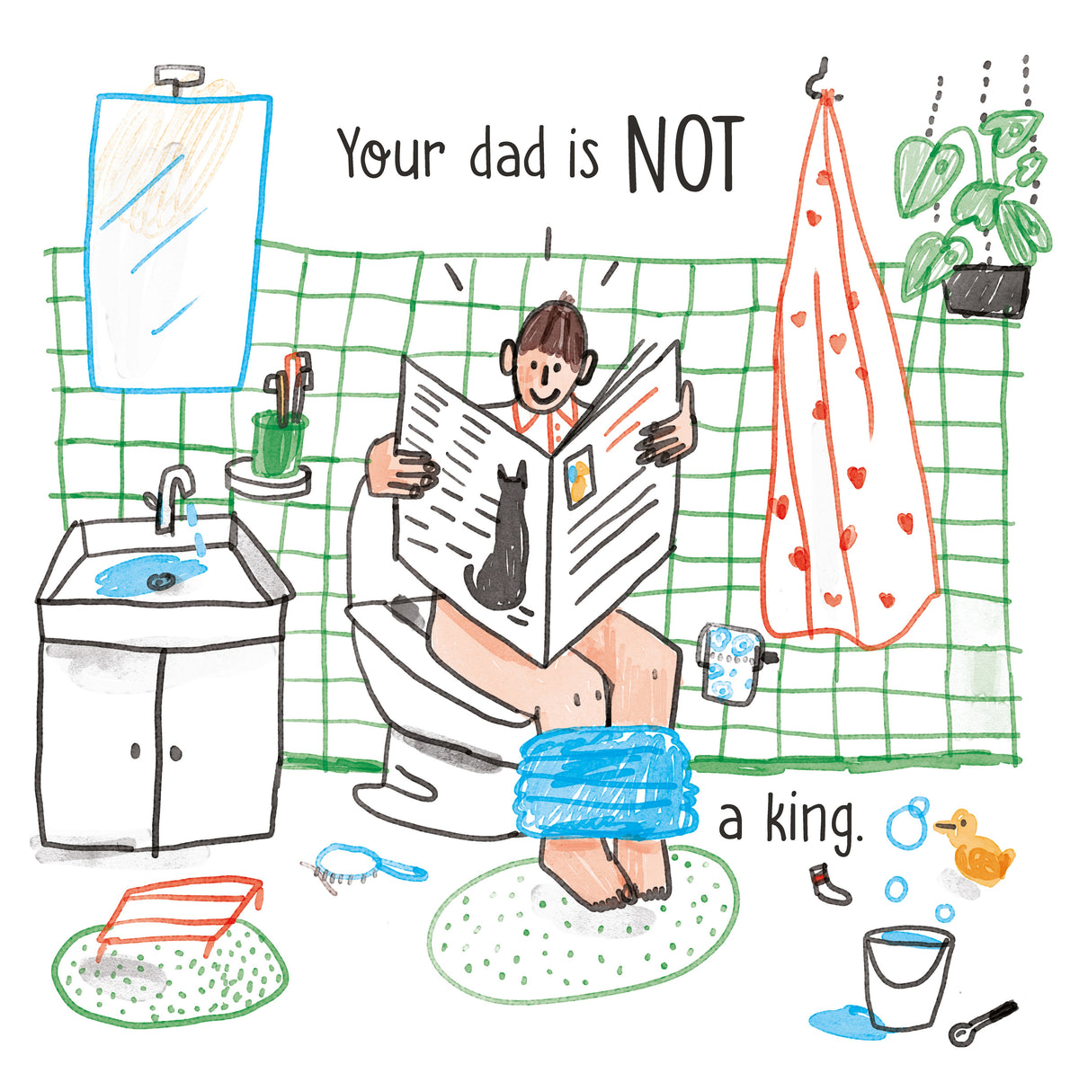 Dad reads a newspaper while sitting on the toilet in a bathroom.