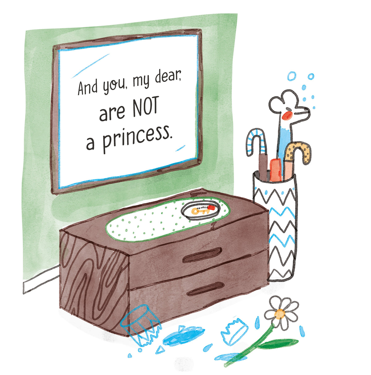 A hallway mirror above a wooden chest; umbrellas stand nearby, and a broken vase and flower lie on the floor.